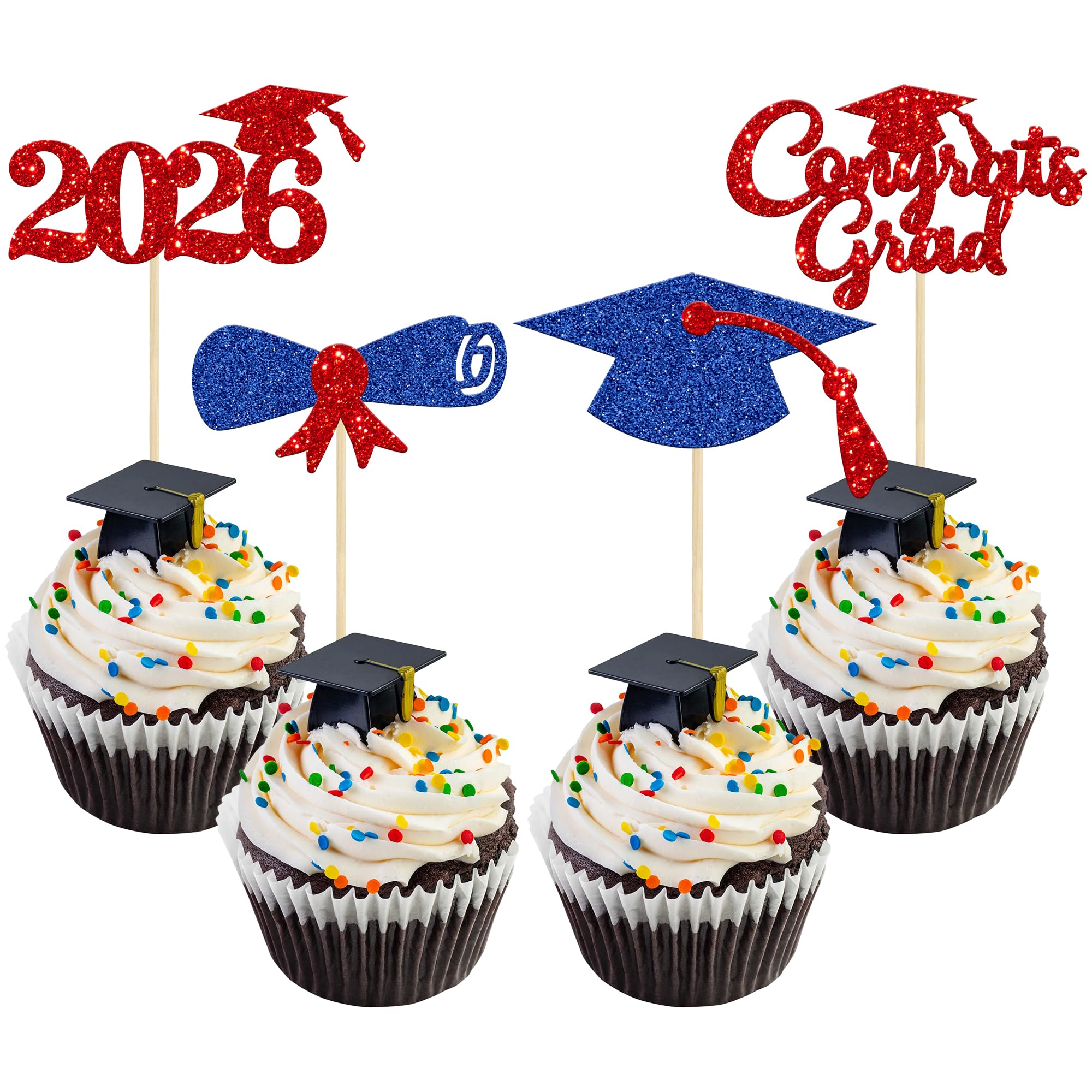 Gyufise 24Pcs Class of 2026 Graduation Cupcake Toppers Glitter Diploma Graduation Cap Cupcake Picks 2026 Congrats Grad Cake Decorations for 2026 Theme Party Supplies Blue Red