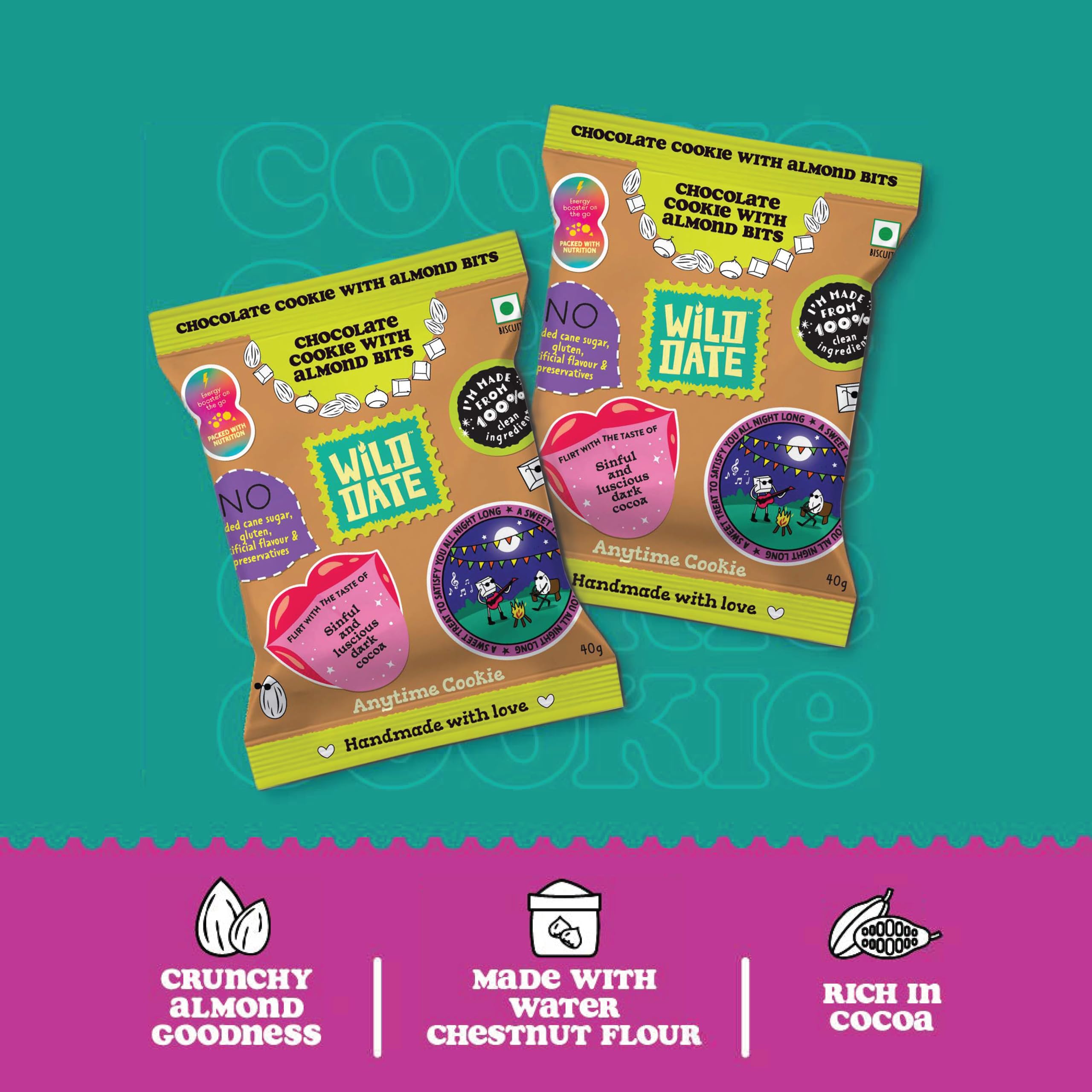 Wild Date Chocolate Cookie with Almond Bits – Crunchy Chocolate Cookies with Almond Crunch | Made with Water Chestnut Flour | Source of Plant Protein, Gluten Free, No Added Cane Sugar, No Preservatives | 200 g (Pack of 5) 4