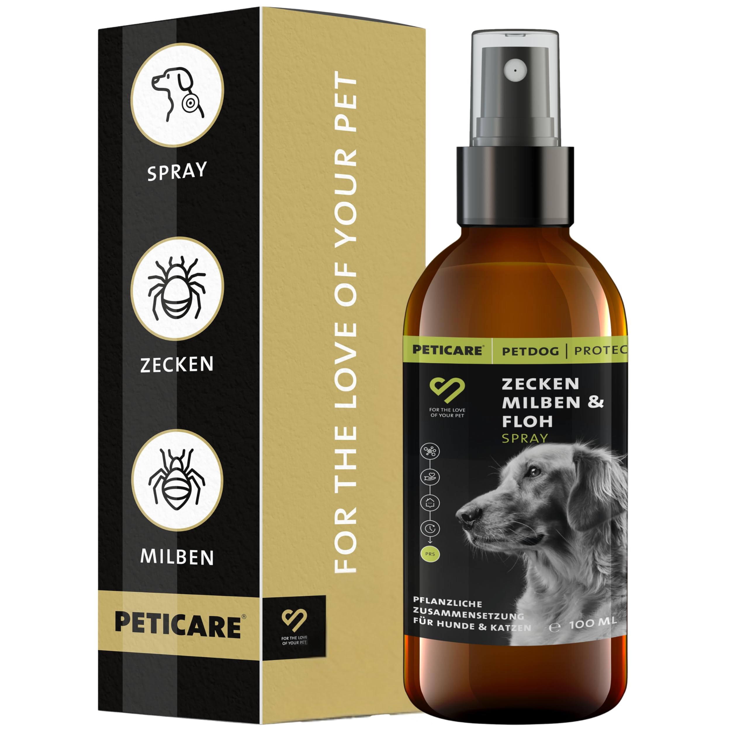 Peticare Zeckenspray für Hunde & Katzen – Sofort-Schutz Schild gegen Zecken Flöhe Milben – Ohne Nervengifte – Wasserbasiert mit ätherischen Ölen & Saltidin – Parasiten Abwehrspray Repellent (100 ml)