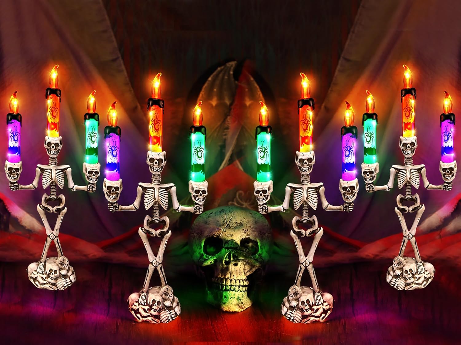 4 Pack Halloween Candelabra Battery Operated, Halloween Candles with LED Flameless Candle, Light Up Flickering Lights for Table Home Party Haunted Mansion Decor