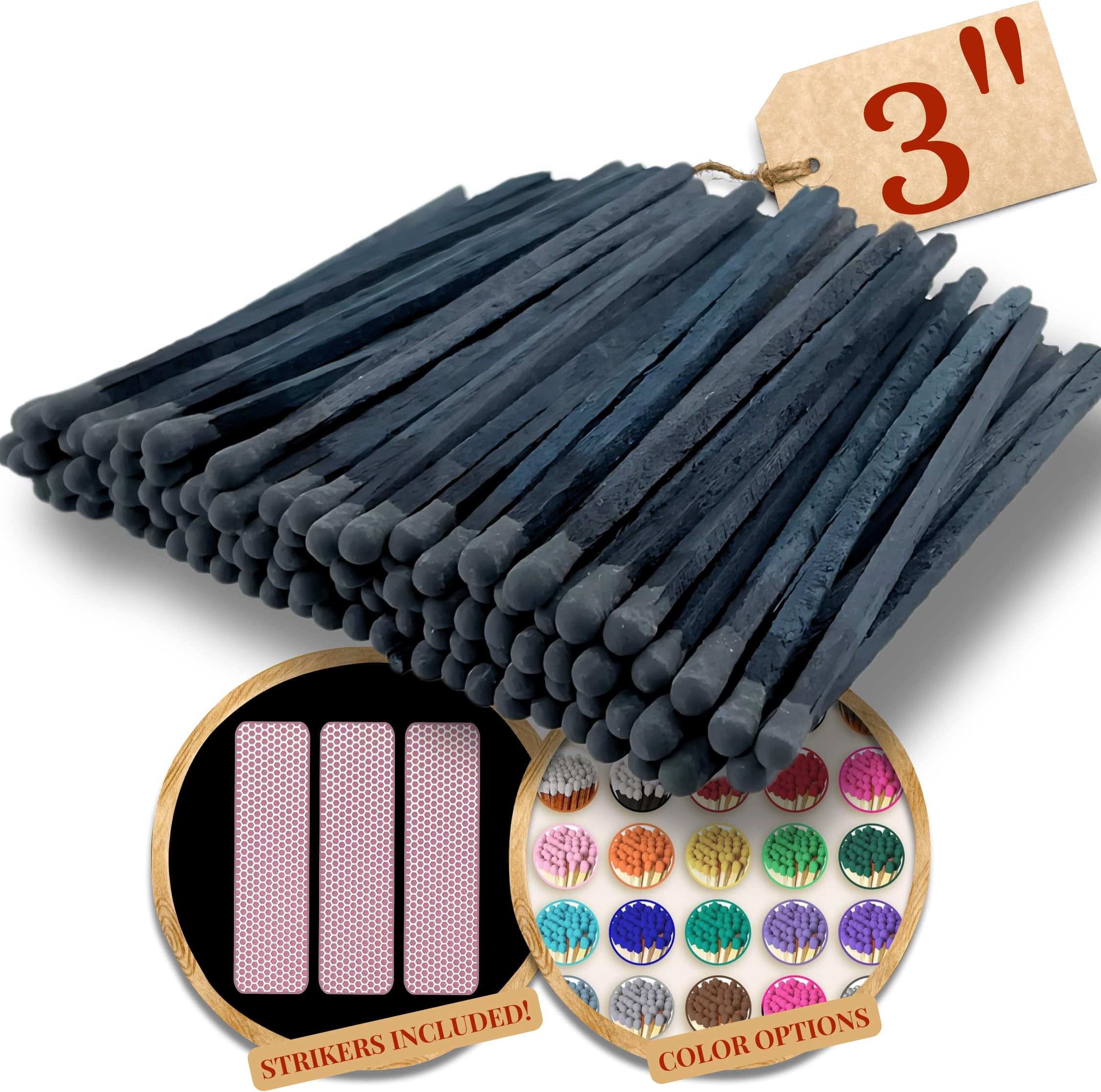 100 Count - 3" Long Black/Black Color Matches | Three Inch Coloful Loose Wooden Safety Match Sticks for Candle Display | Refill for Decorative Jar Holder Bottle | Strikers Included