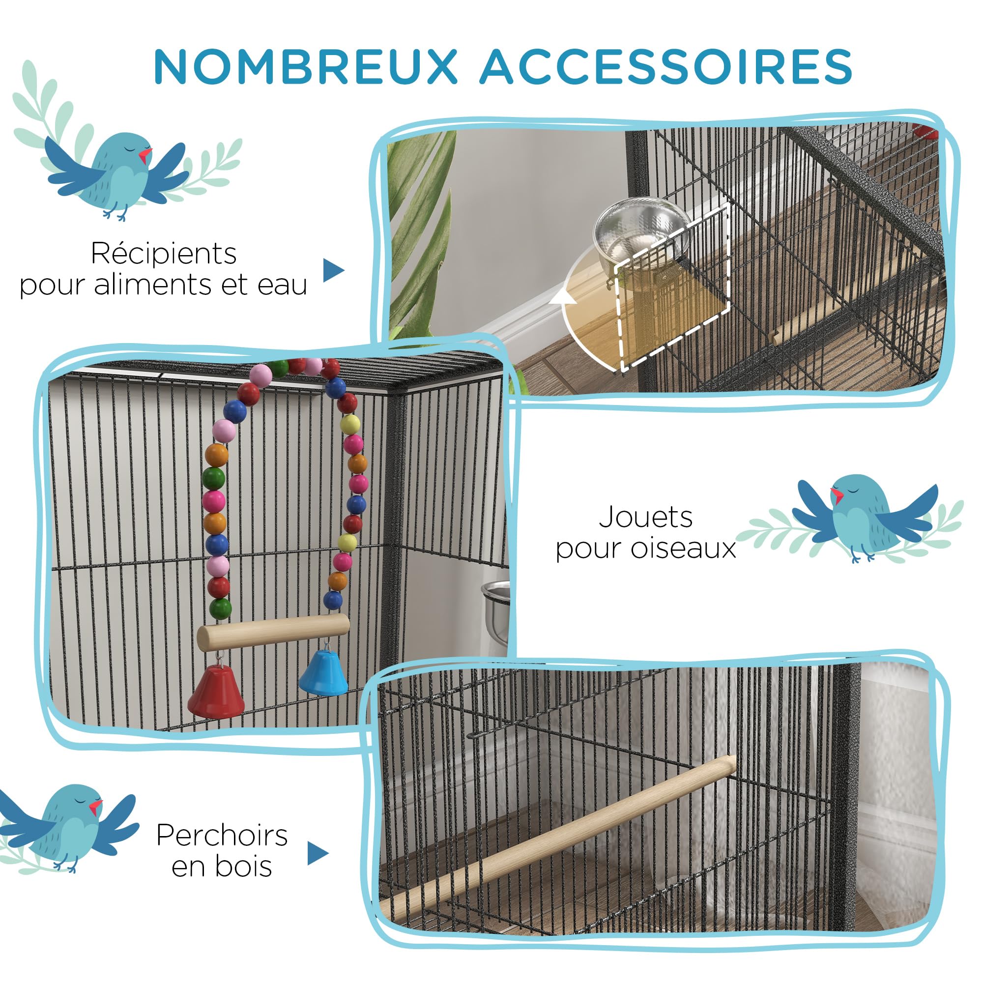 PawHut Cage à Oiseau sur Pied Cage sur roulettes avec balançoire, perchoirs, Portes, Bols et Plateau Coulissant, volière pour pinsons canaris inséparables, perruches 48 x 46 x 78 cm en Acier Noir