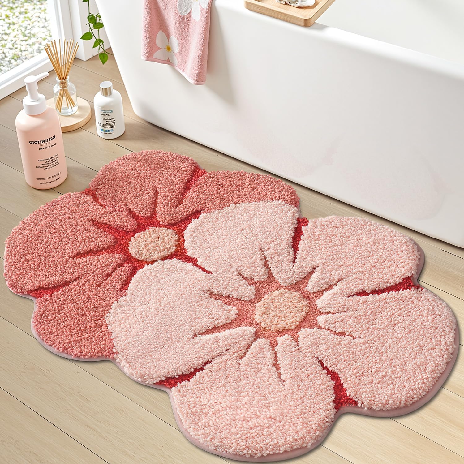 LUMI Flower Bath Rug, Funny Floral Bath Mat, Soft Plush Fluffy Red Rug, Absorbent, Non-Slip for Bathroom, Kitchen Sink, Bedroom, Kid's Bedroom, and Living Room, 24"x36", Bliss Pink