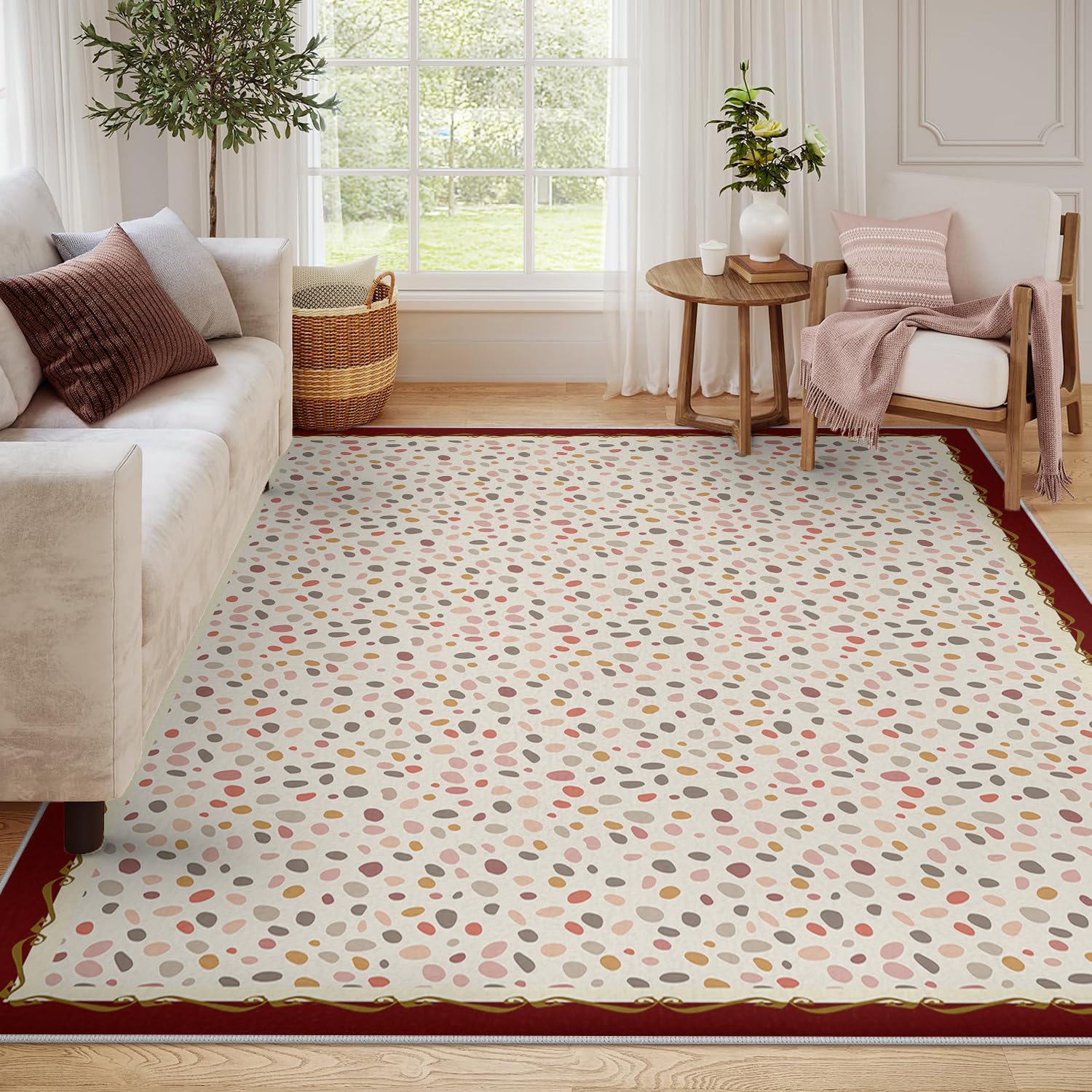 Kolorowy dywan w kropki 160 x 200 cm Boho można prać w pralce salon Cienki i uroczy mały dywanik do czytania