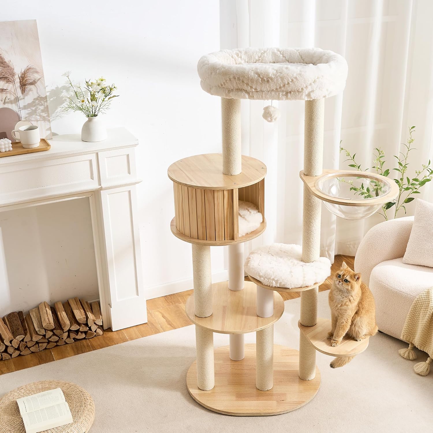 797Audio Wood Modern Cat Tree, 65" Cat Tower with Sisal Scratching Posts, Cat Condo, Capsule and Bed, Solid Wooden Aesthetic Multi-Level Cat Climbing Tree for Large Adult Indoor Maine Coon Cats-White