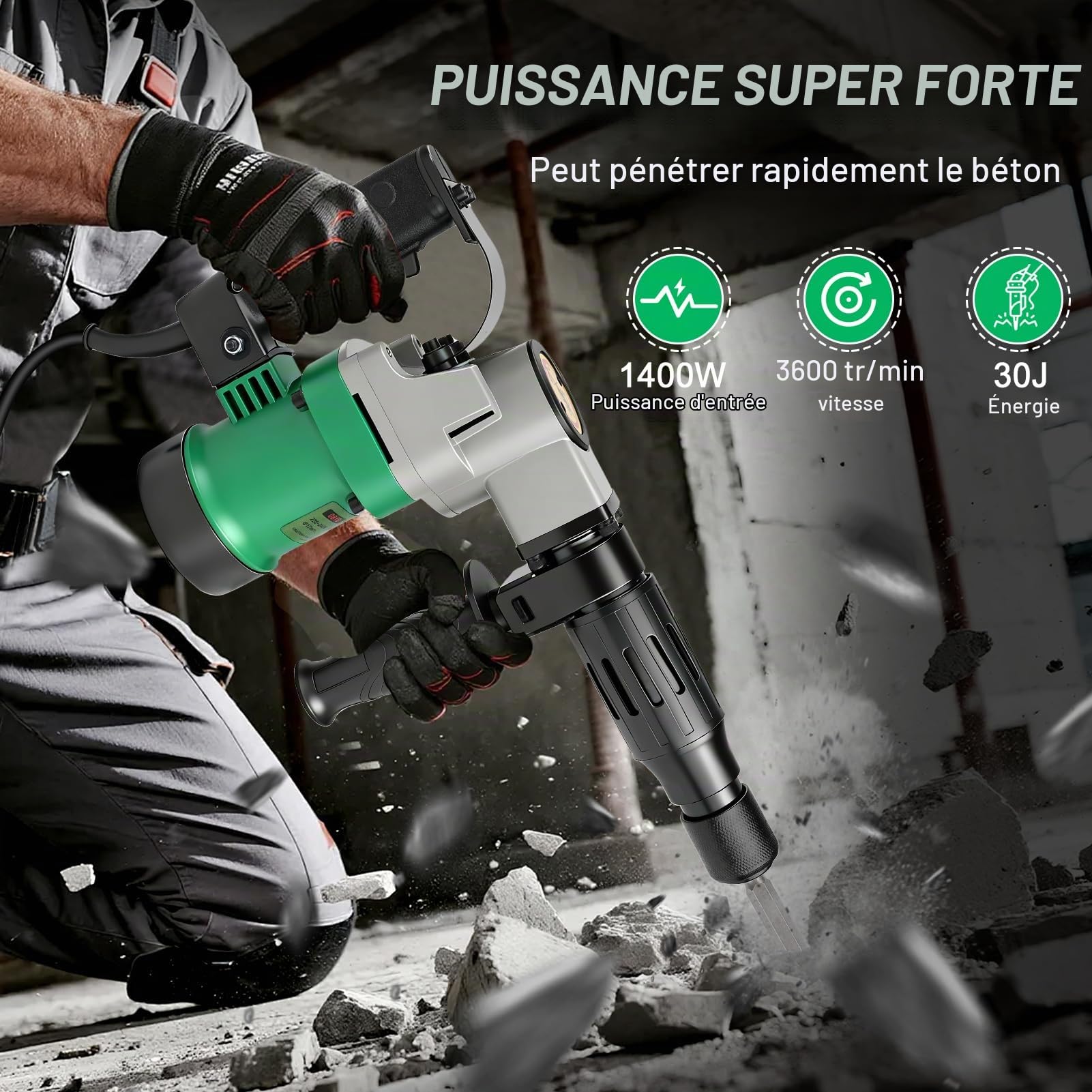 Marteau de démolition 1400 W, Marteau Piqueur, Marteau perforateur, SDS-Plus | Force d'impact 30 J | 3600 BPM | Poignée Anti-vibration, Burin Pointu, Plat Coffret Inclus pour Buriner Béton, L'ardoise