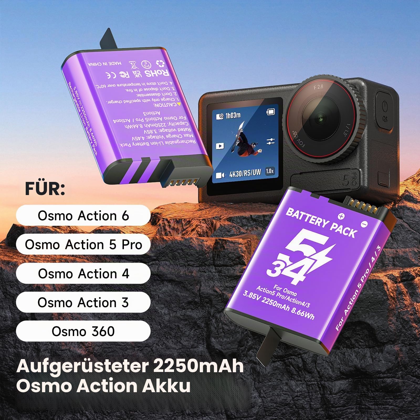 CITYORK 2250mAh (3-Pack) Ersatz Akku für .DJI-Osmo. Action 6 Pro/Osmo 360 /Osmo Action 5/ Osmo Action 4/ Action 3 Ersatzakku, Wiederaufladbare Langlebiger Sportkamera Zubehör, Lange Lebensdauer