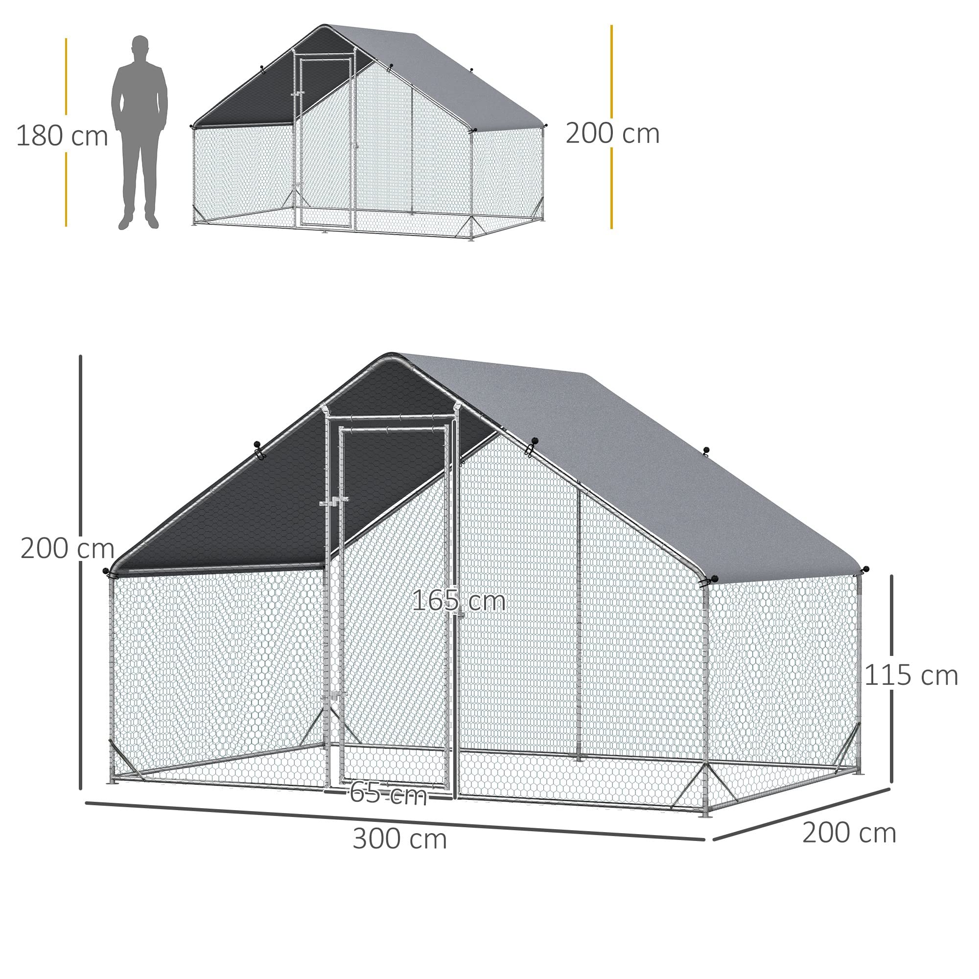 PawHut Gallinero Exterior Grande 3x2x2 m Jaula 4-6 Gallinas Acero Galvanizado Cubierta PE Cerradura Plata