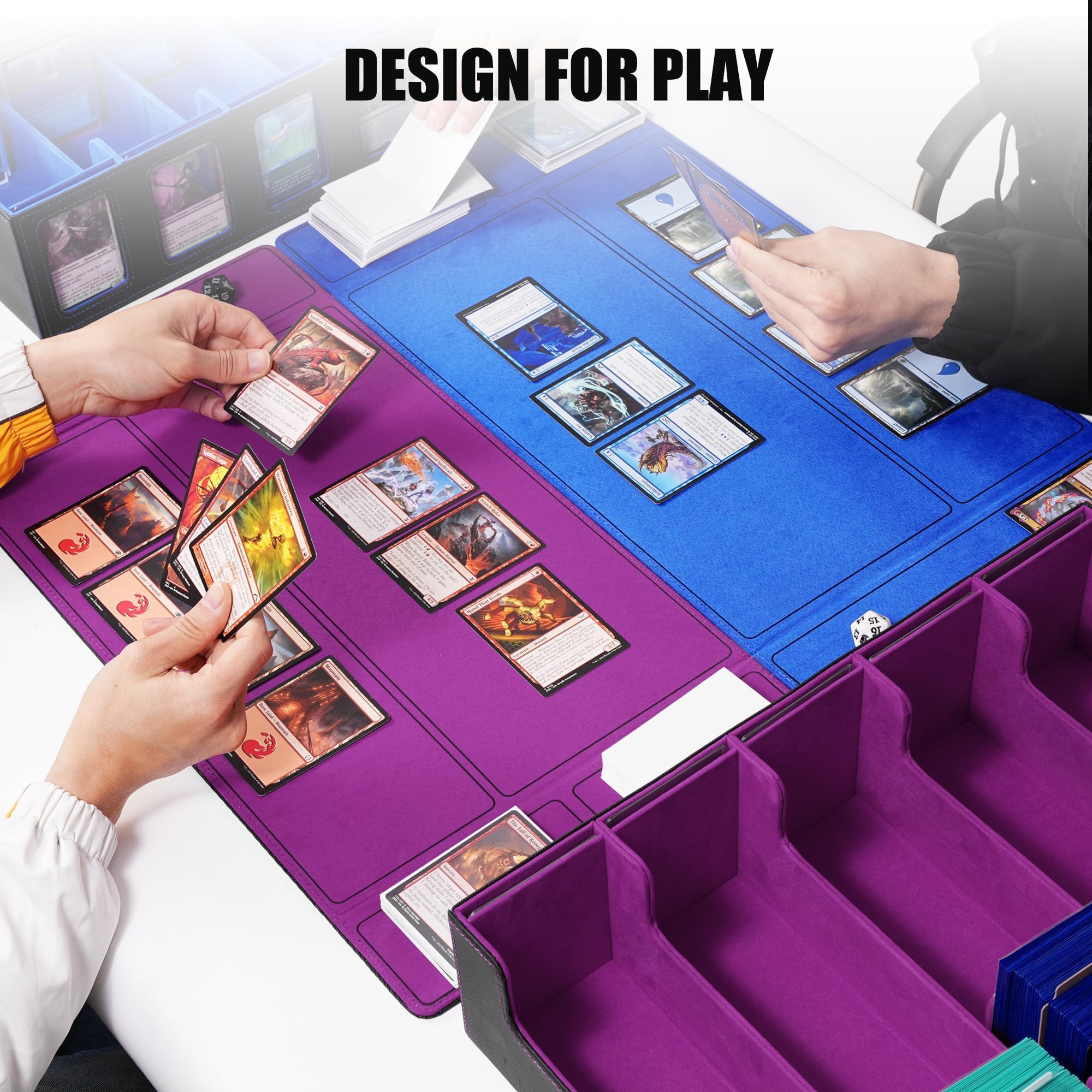 Boîte rangement cartes MTG avec vitrine Commander, 3900+ cartes, deck box 5 compartiments avec couvercle amovible, organiseur TCG PTCG cartes sport, compatible Toploader, 50 séparateurs (Violet)