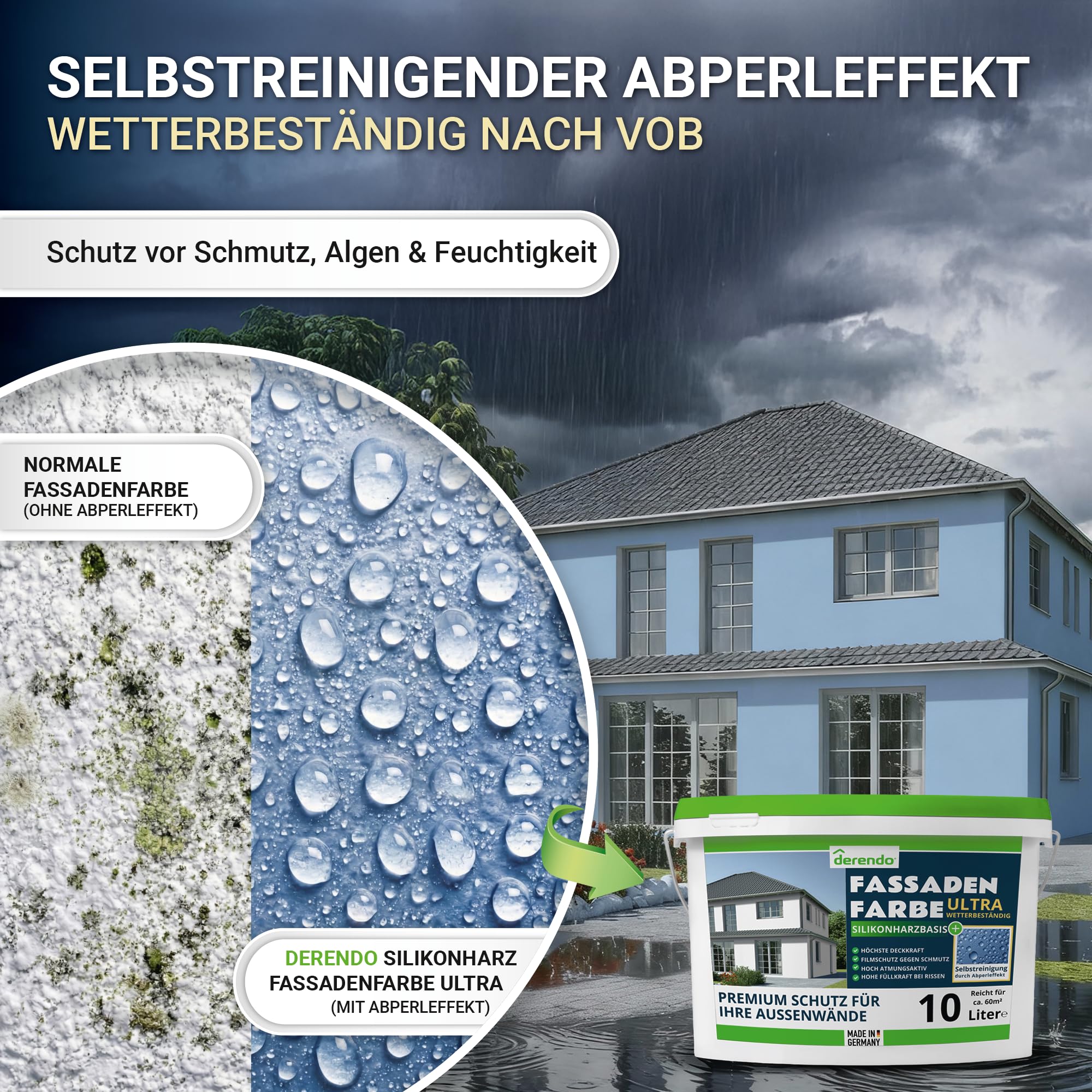 derendo Fassadenfarbe Blau ULTRA Silikonharzfarbe Taubenblau aussen 10l | Für Putz Beton, Abperleffekt, wasserabweisend, UV-beständig, hohe Deckkraft, rissfüllend, diffusionsoffen, Made in Germany,