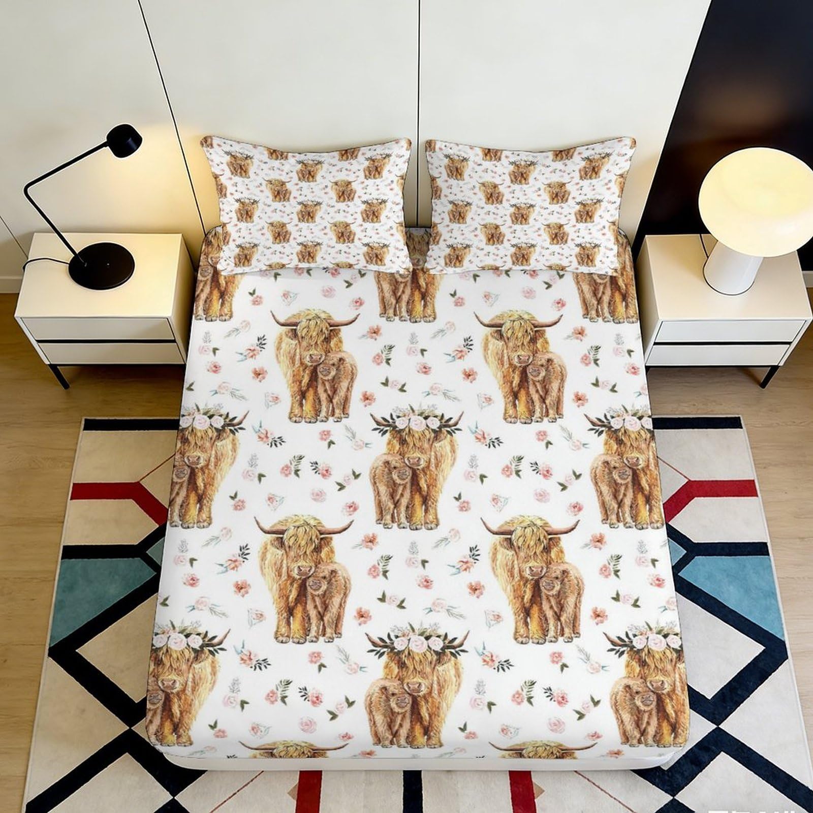 3D Printed Highland Cow Floral Fitted Sheet Microfiber Soft Decorative Bed Cover for Bedroom Guest Room Dorm 90x200x25cm