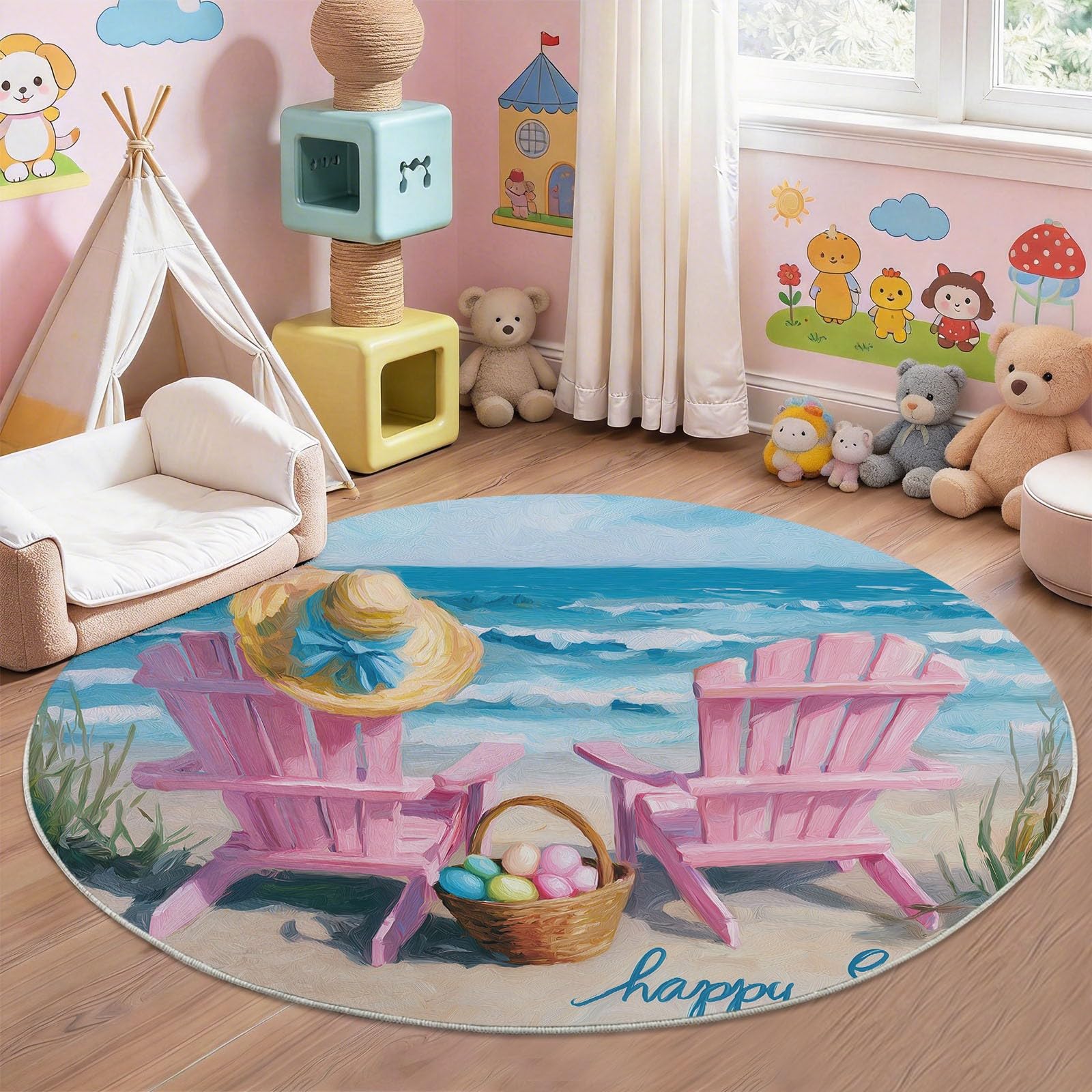 Tapis Ronds 180 cm Station Balnéaire Tapis Rond Plage Mer Chaises Longues Lavable pour Salon, antidérapant à Poils Courts - Doux pour Salle à Manger Salle de séjour Salle de Jeu, Bleu Poudré