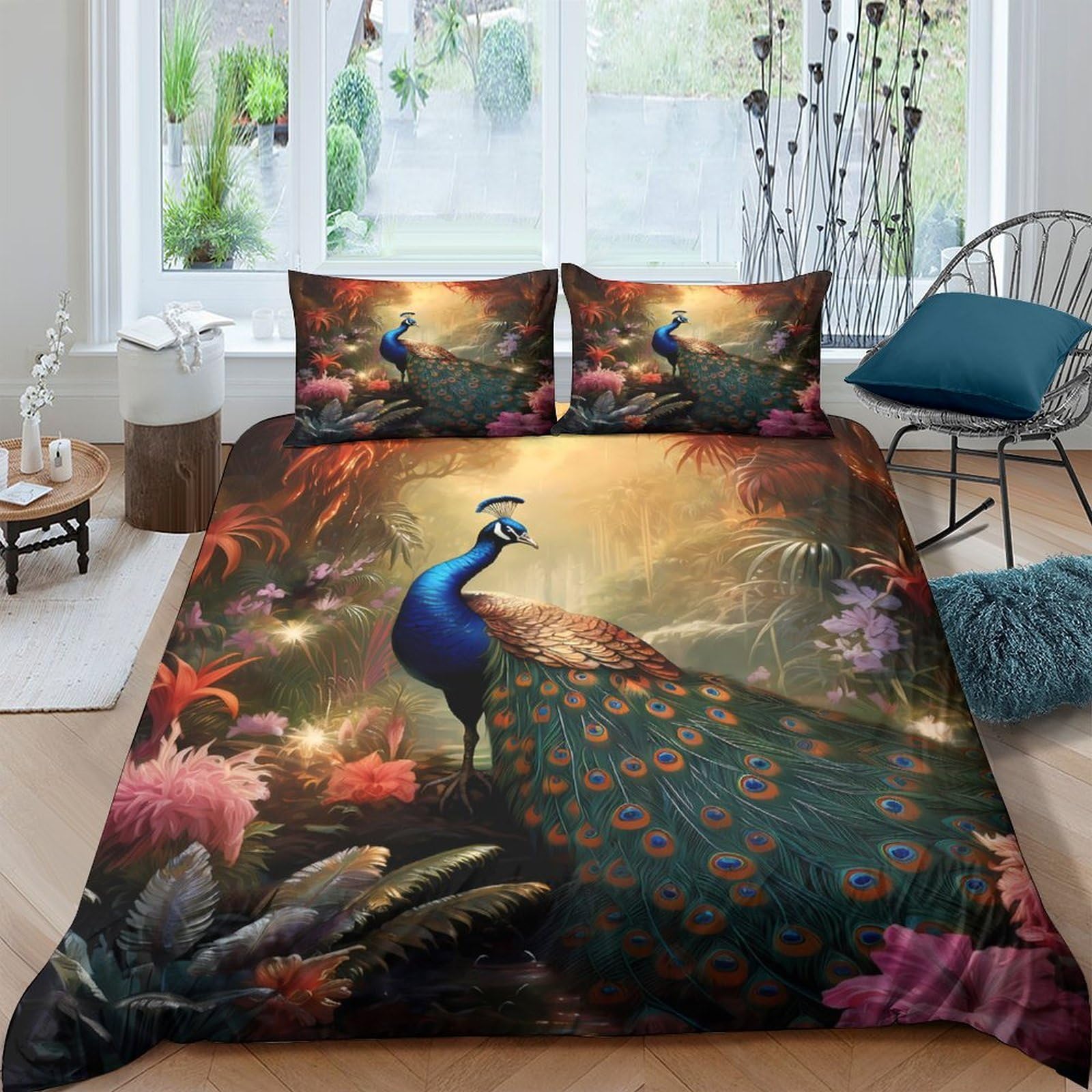 Ctjqhvkz Style-6 3D Printed Peacock Forest Fitted Sheet Microfiber Soft Anti-Slip Floral Mattress Cover Machine Washable For Bedroom Guest Room Decor Single（135X200cm）