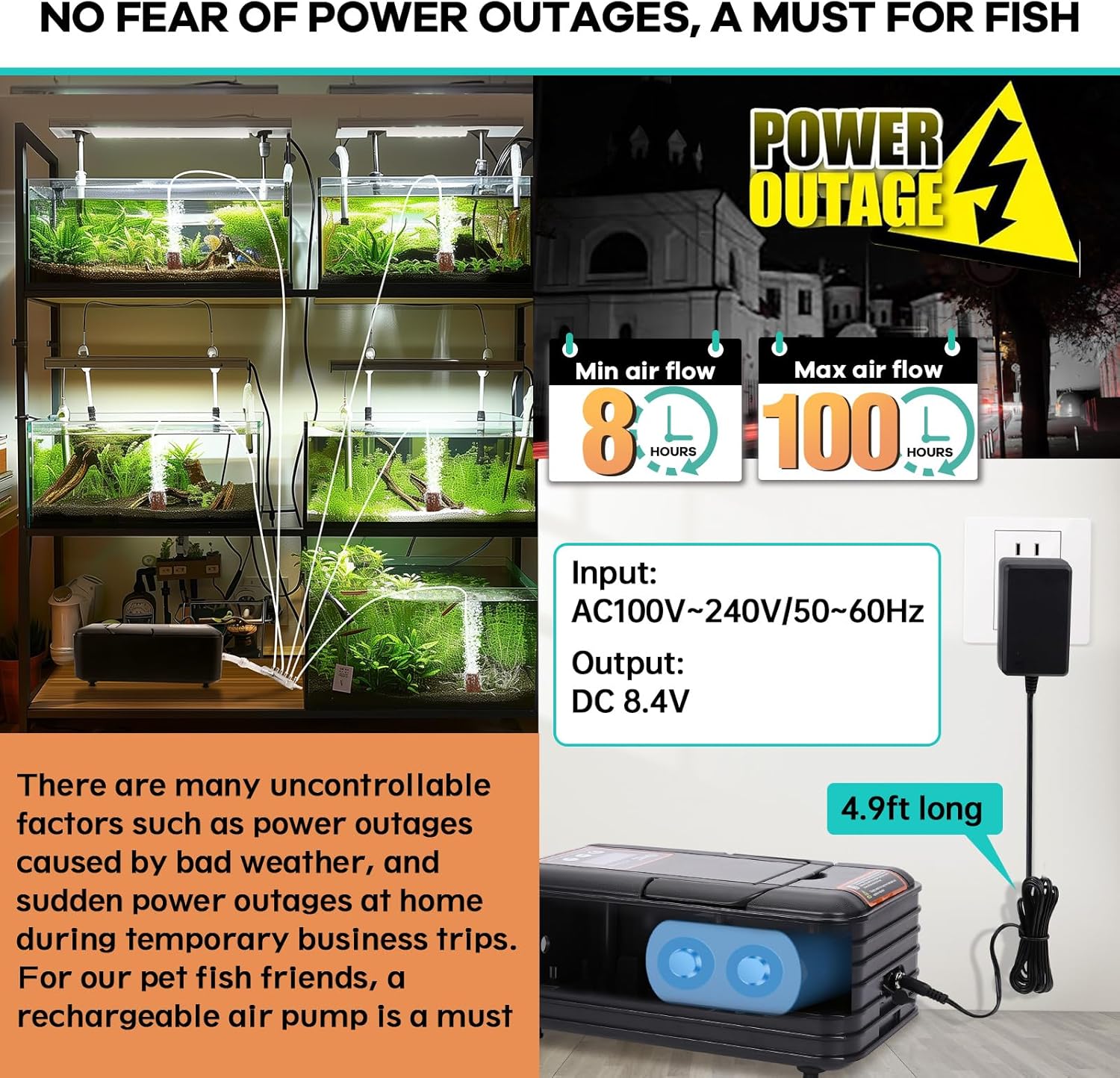 hygger IPX6 Rechargeable Aquarium Pond Air Pump, Powerful Quiet Tank Air Pump with Hose Air Stone Check Valve Adjustable Flow Diverter Valve for Fishing Yacht/Power Outages/Hydroponic