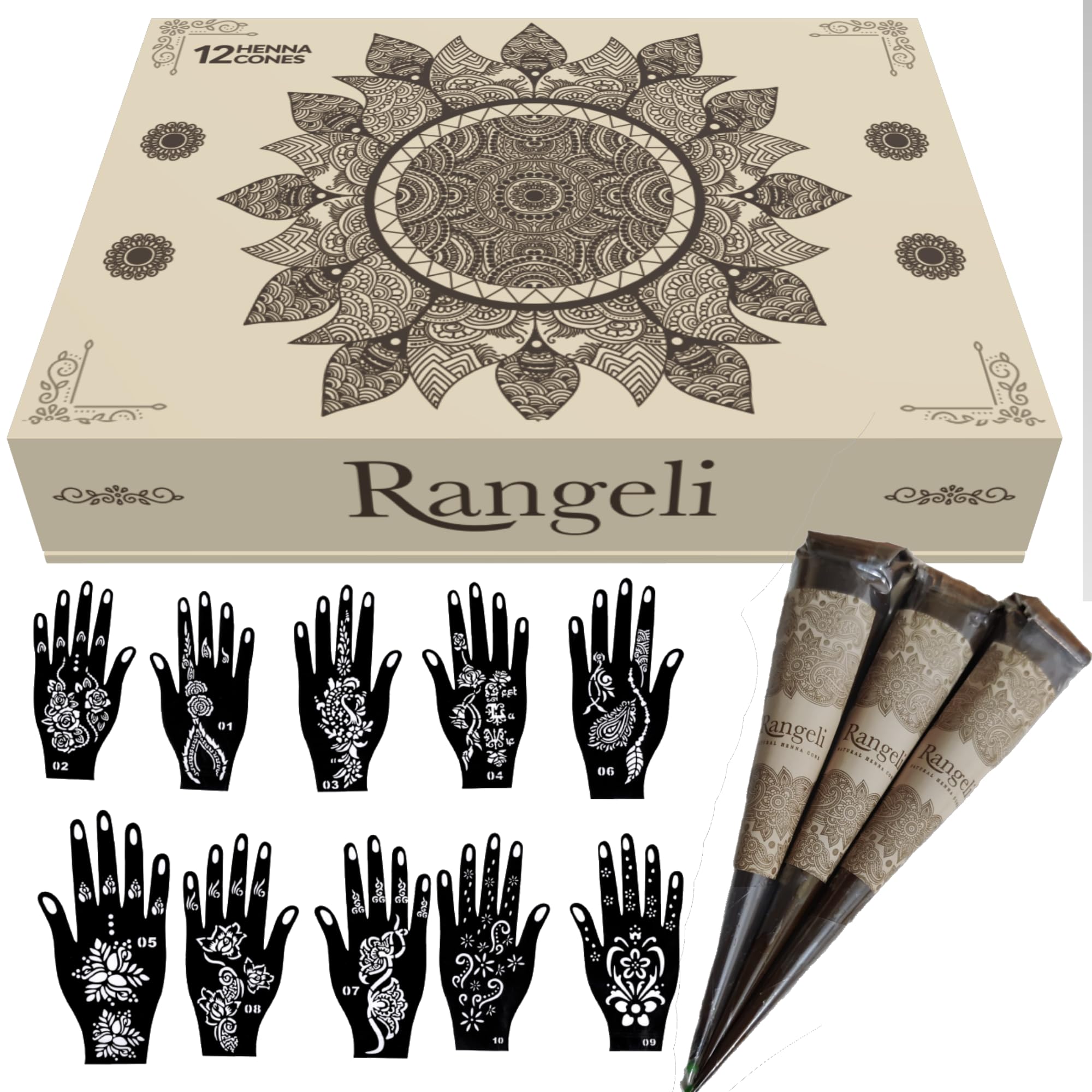 Rangeli 100% Natural Henna Cones with Stencil Kit, Ready to Use Suitable for Temporary Tattoo Weddings and Festivals, Chemical-Free Reddish-Brown Mehandi Cones (Pack of 12)