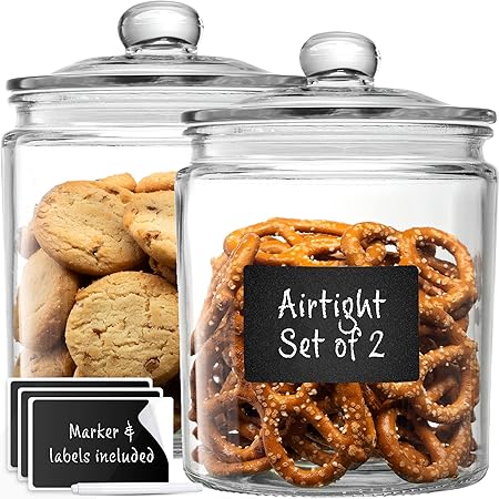 Glass Canister Set for Kitchen Counter + Labels & Marker - Set of 2 - Glass Cookie Jars with Airtight Lids - Food Storage Containers with Lids Airtight for Pantry - Flour, Sugar, Coffee, Cookies, etc.