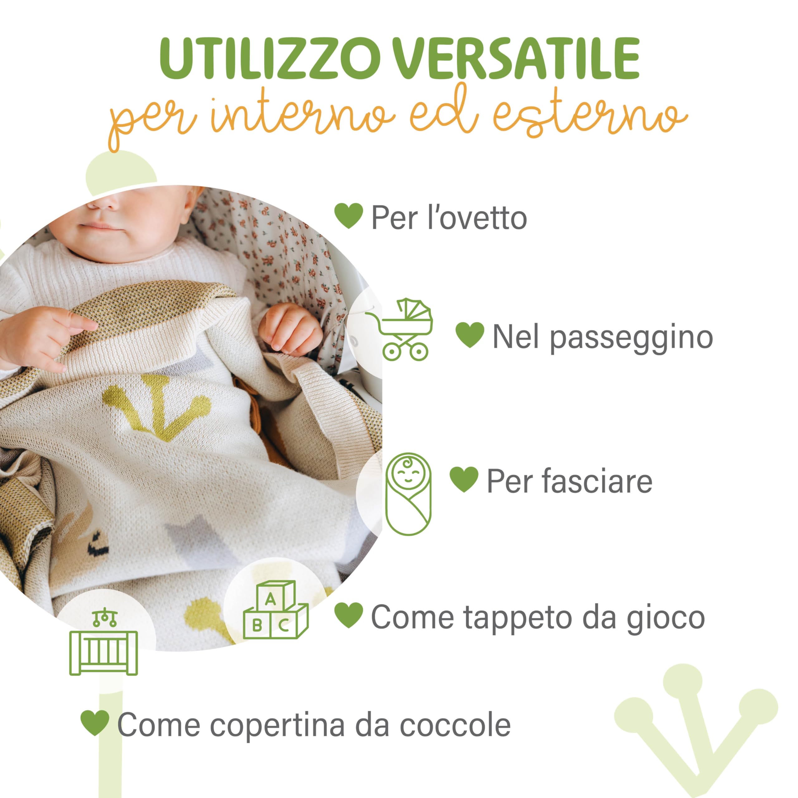 Merle Toys® Coperta Neonato Cotone, Copertina Neonato Cotone Estiva e Inverno, 100% Biologica, Interattiva, Morbida e Termoregolatrice, Certificata GOTS, OEKO-TEX 100, 80x100cm, Amici della Savana 3D