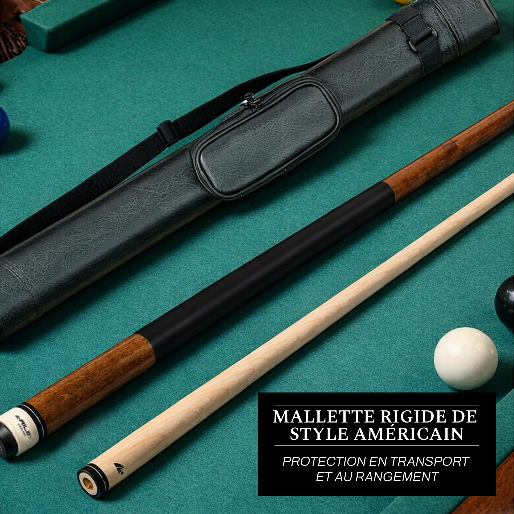 Riley Queue de billard américain avec poignée en cuir synthétique Section 58 (147 cm) – Pointe de 13 mm – Avec étui rigide