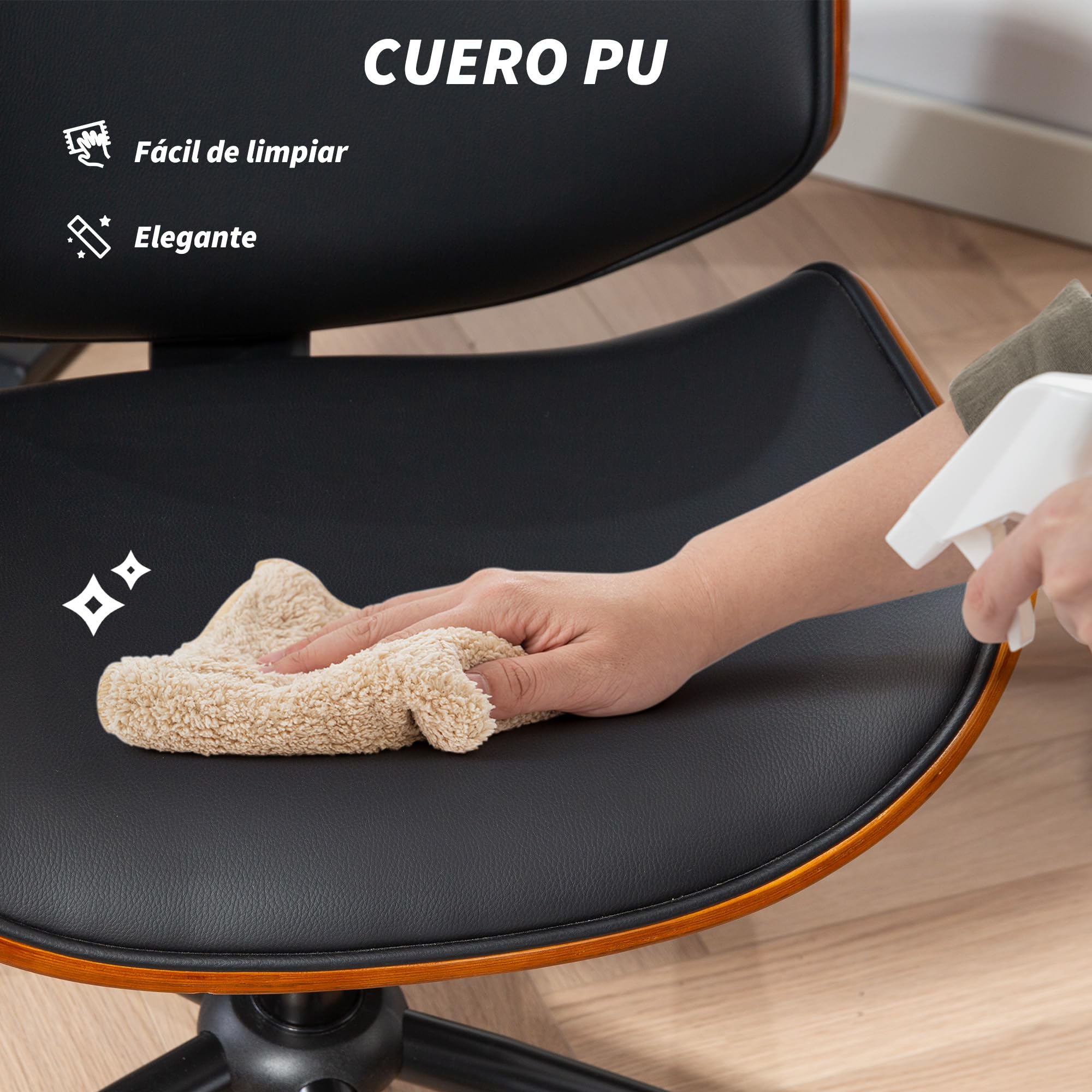HOMCOM Silla de Oficina sin Brazos Vintage Giratoria Negro y Marrón | Silla de Escritorio, Tapizada en PU, Madera Curvada, Altura Ajustable, Respaldo Curvado