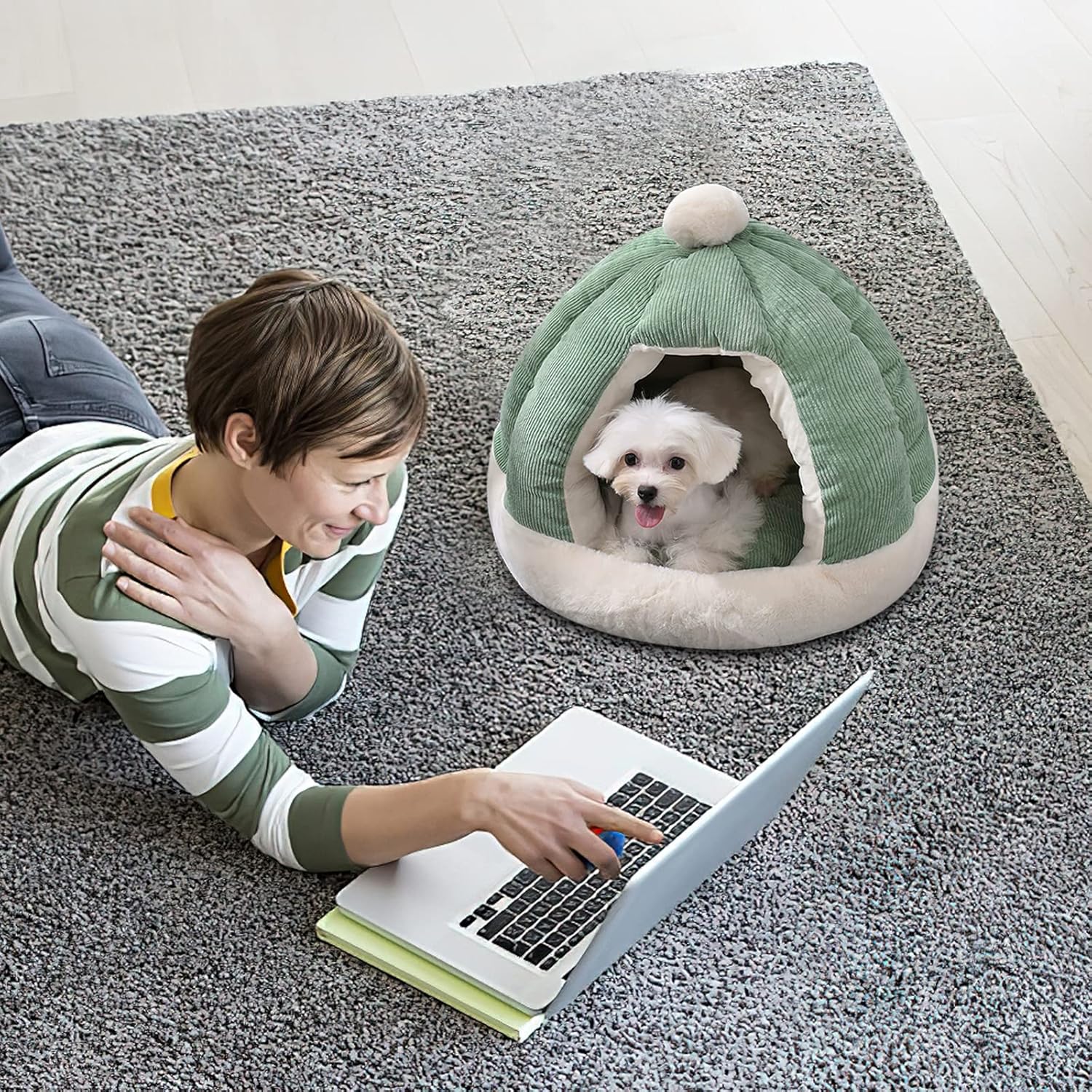 Cat Cave Bed, Cat Tent Bed House with Removable Washable Cushion, Soft Plush Cat Igloo Bed, Improve Sleep, Pet Bed for Kitten and Puppy(M, Green)
