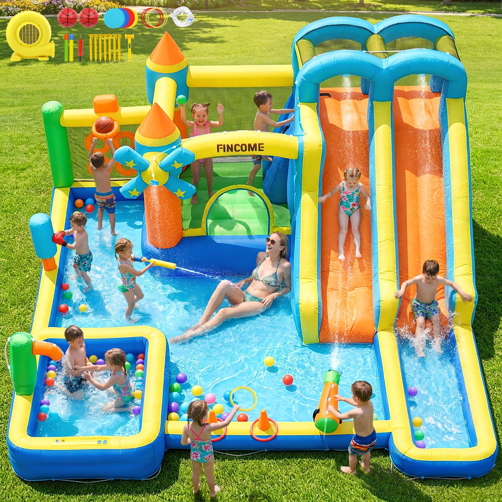Photo 1 of Bounce House, Inflatable Dual Water Slide, 10 in 1 Inflatable Bounce House for Kids Backyard Water Park with 750W Blower, Climbing Wall, Water Gun, Sprinkler, Outdoor Bouncy Castle Slide