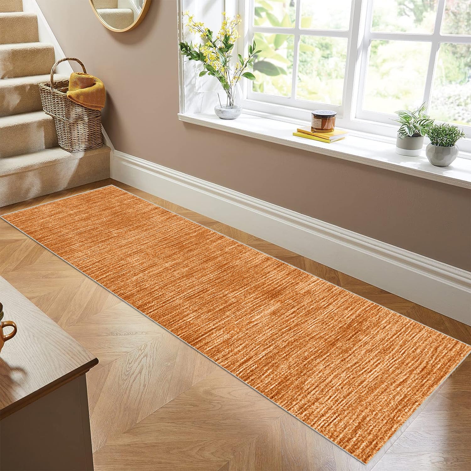 Orange Stripes Hallway Runner Rug, Non-Slip Long 60x100cm Carpet for Entrance, Kitchen, Stairs - Grey With Rubber Back