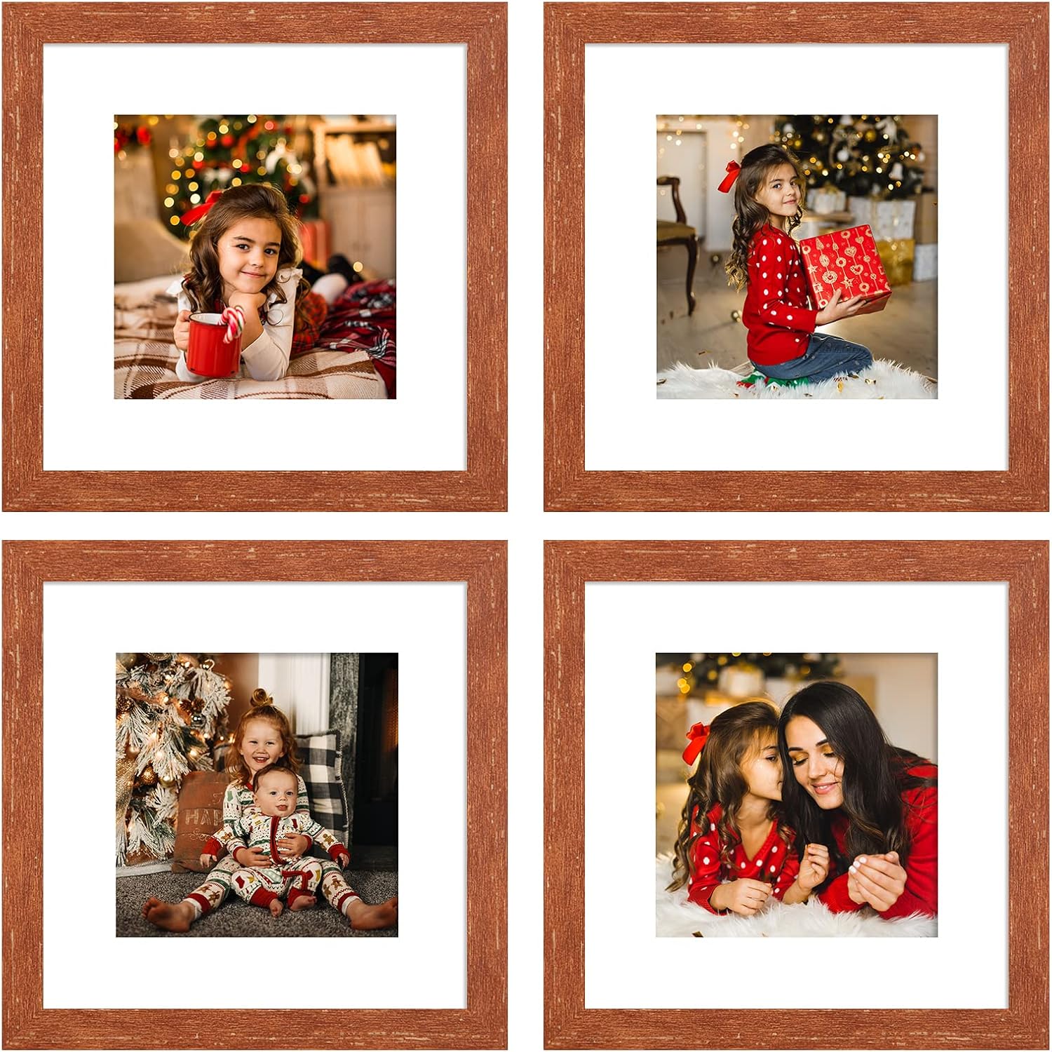 Gaevuian 6x6 Picture Frames Square Display 4X4 Photo Frame Collage with Mat,Set of 4 for Wall Hanging or Table Top Decor,Plexiglass,Rustic Wood