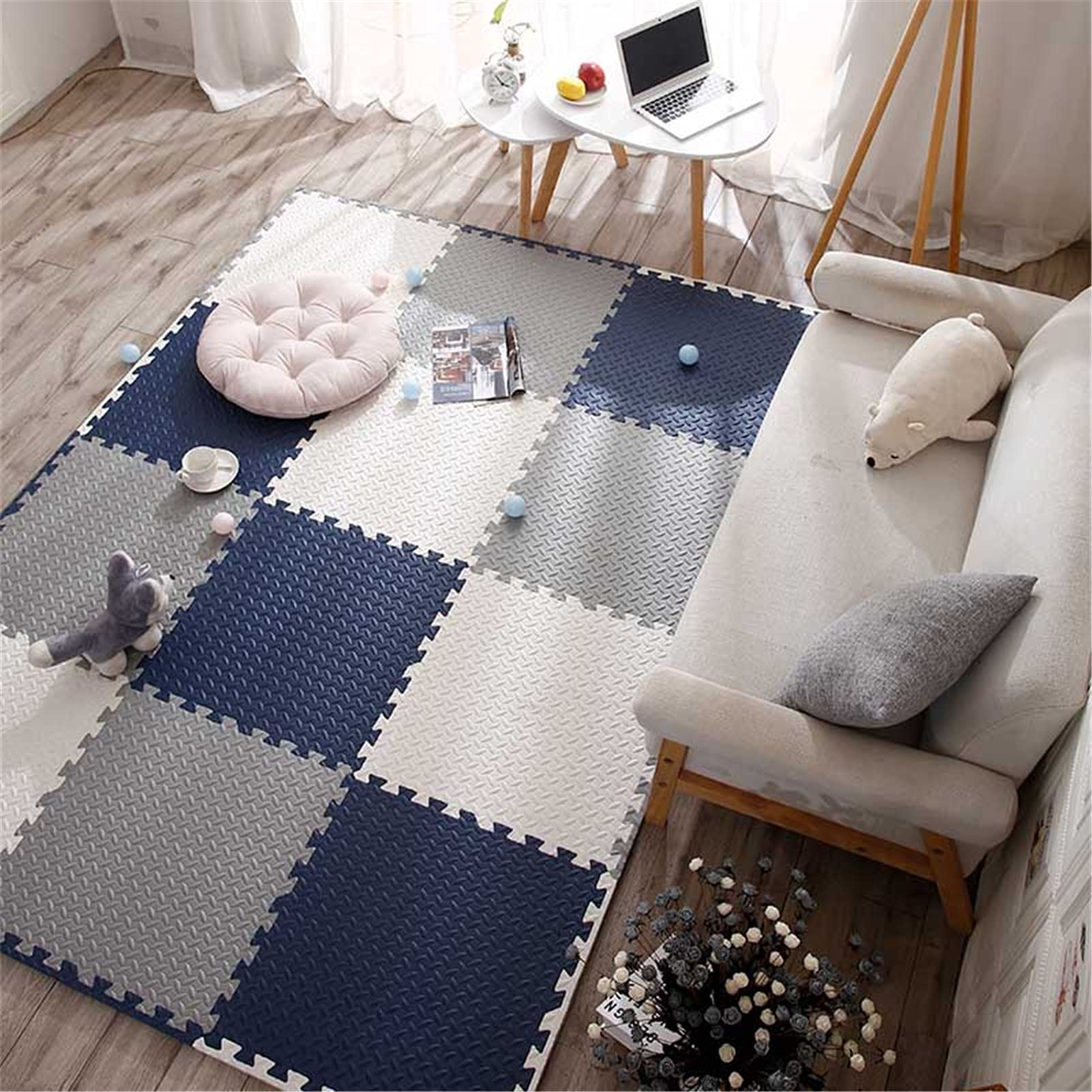 Alfombrillas De Espuma Entrelazadas para Niños Y Bebés, 24/36 Piezas Alfombrillas De Juego De EVA para Bebés Suave Alfombra Puzzle Multicolores para Niños, 30X30cm,Blue+Gray+White,24pcs