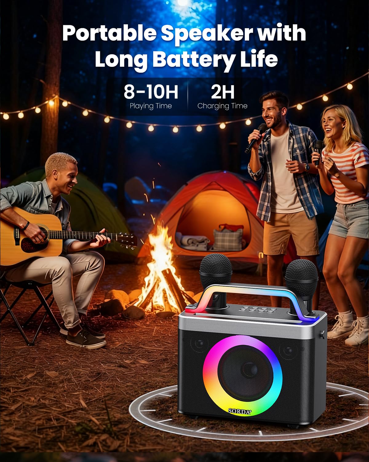 Karaoke Portatile Bluetooth per Adulti e Bambini - 2 Microfoni Wireless, Tracolla, Divertente Cambio di Voce, Supporto USB/AUX, per Eventi All'aperto e Regali per Feste