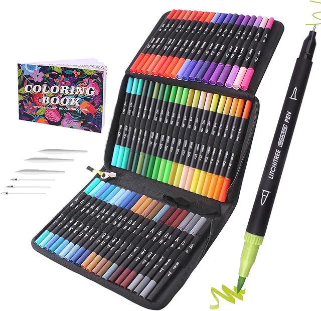 Diuraa 72 Dual Tip Brush Marker Pens Art Markers for Artists,Fineliners Felt Tip Pens Colouring Pens for Kids Adult Coloring Books Calligraphy Drawing Sketching