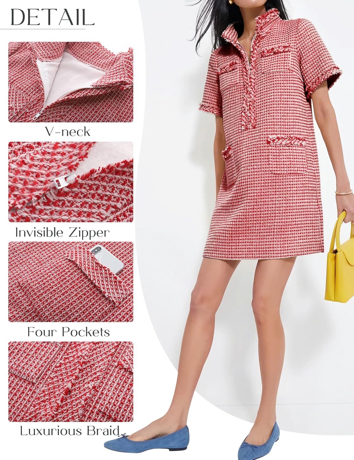 COZYPOIN Womens Tweed Mini Dress Elegant V Neck Short Sleeve Business Shift Dresses for Work Casual 2026 Fashion - Image 7