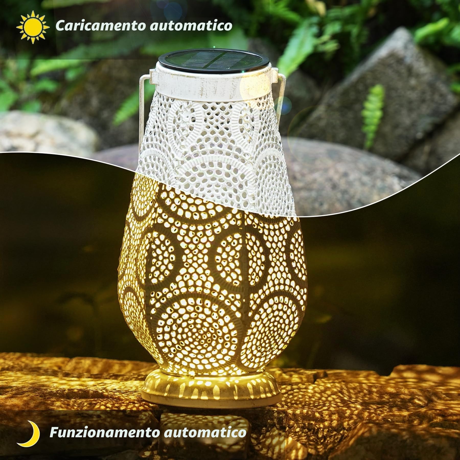 JOYCREATOR Lanterne solari in metallo per esterni, lanterna solare a LED per esterni, IP65, impermeabile, lampade solari orientali per esterni, giardino, balcone, terrazza, marciapiede, patio