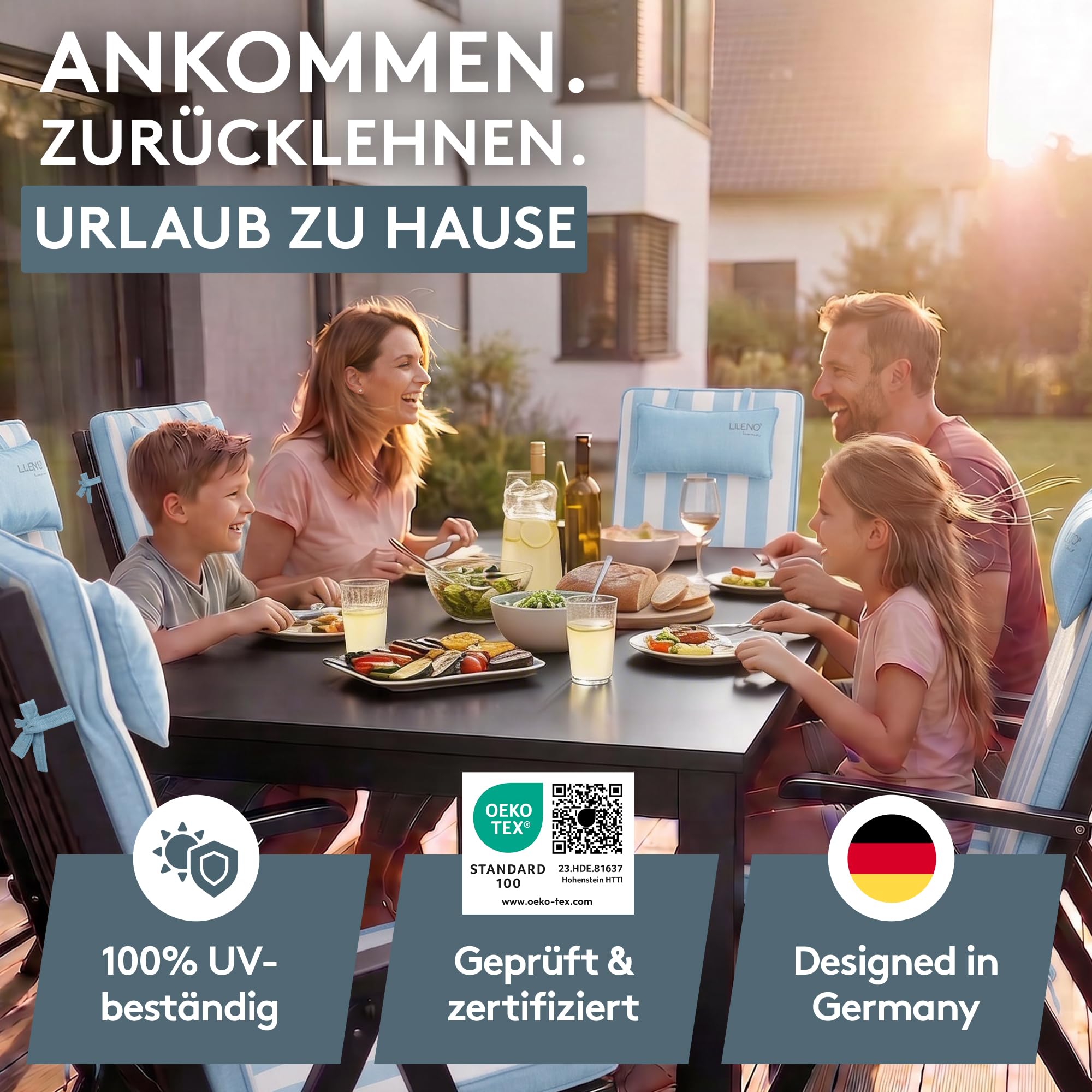 LILENO HOME Gartenstuhl Auflagen mit Kopfkissen [2er Set - Hochlehner] in Blockstreifen Aqua - Sitzauflagen für Gartenmöbel - Stuhlkissen für Gartenstühle und Klappstühle Dub