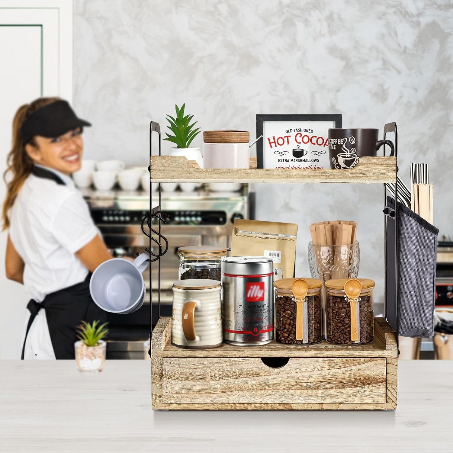 Coffee Station Organizer for Counter, Condiment Storage Caddy for Kitchen with Hooks and Bag,2 Tier Wooden Shelf for Coffee Bar Accessories,Coffee Bar Organizer for Kitchen, Home, Office-Brown