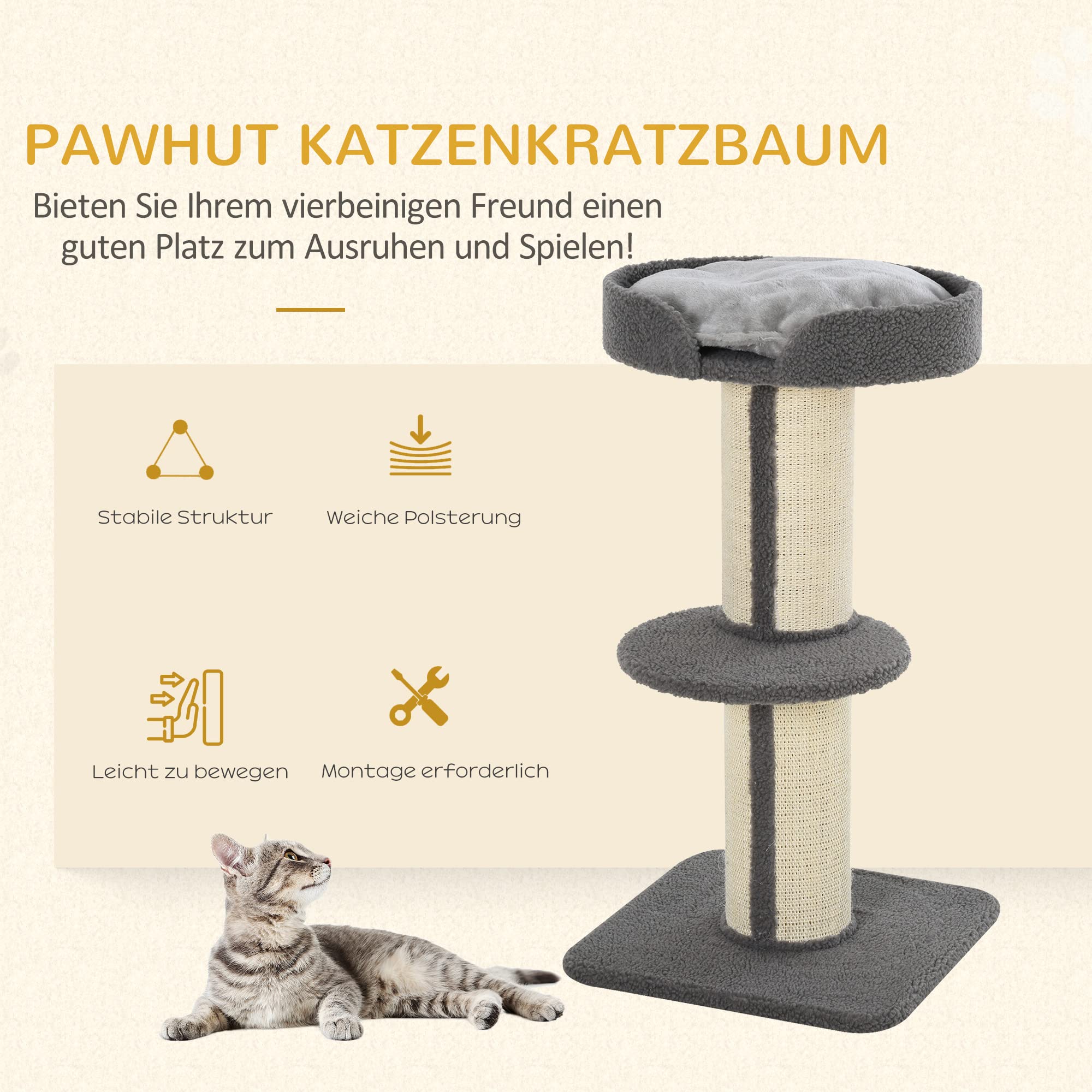 PawHut Kratzbaum Katzenturm 91 cm mit Sisalstämme, Plattform, Kissen mehrstöckiger Katzenkratzbaum, Kletterbaum, für mittelgroße Katzen, Grau