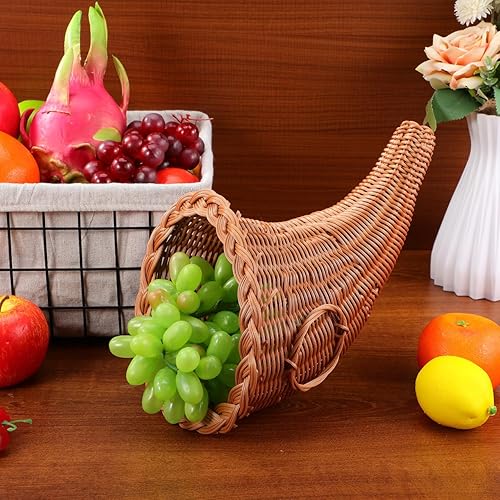 Vista 3 de HOMSFOU Cornucopia - Cestas de cuerno de imitación de vid de otoño, frutas de Acción de Gracias, cesta de cornucopia, bocina de pan para centro