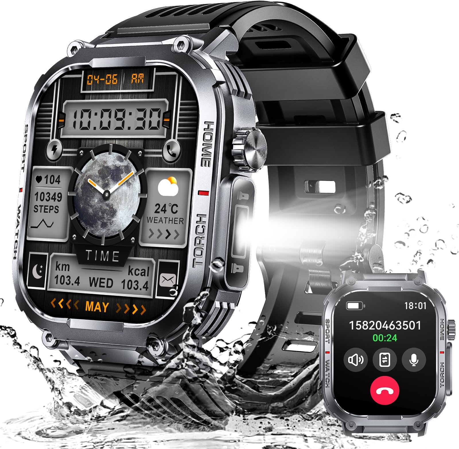 Military Smart Watch for Men 3ATM Waterproof with Call/LED Flashlight 2.02" HD Big Screen Rugged Tactical Smartwatch with Compass Fitness Tracker with HR/SPO2/Sleep Monitor for iPhone Android