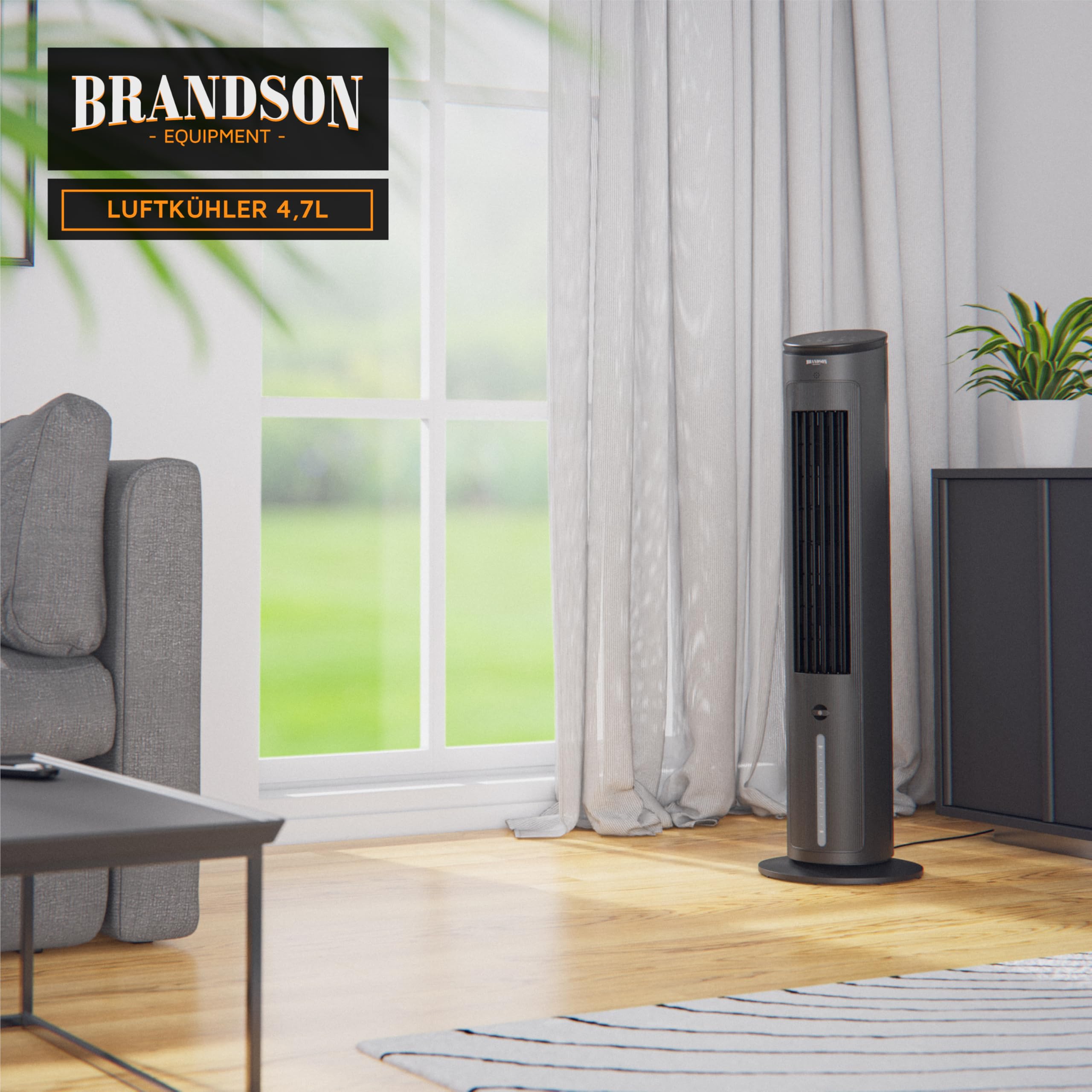Brandson - Turmventilator mit Wasserkühlung - Preisträger 2026 - Verdunstungskühler - Luftkühler - Ventilator - mobile Klimaanlage ohne Abluftschlauch - 5 in 1 - leise - 4,7 L Wassertank - schwarz