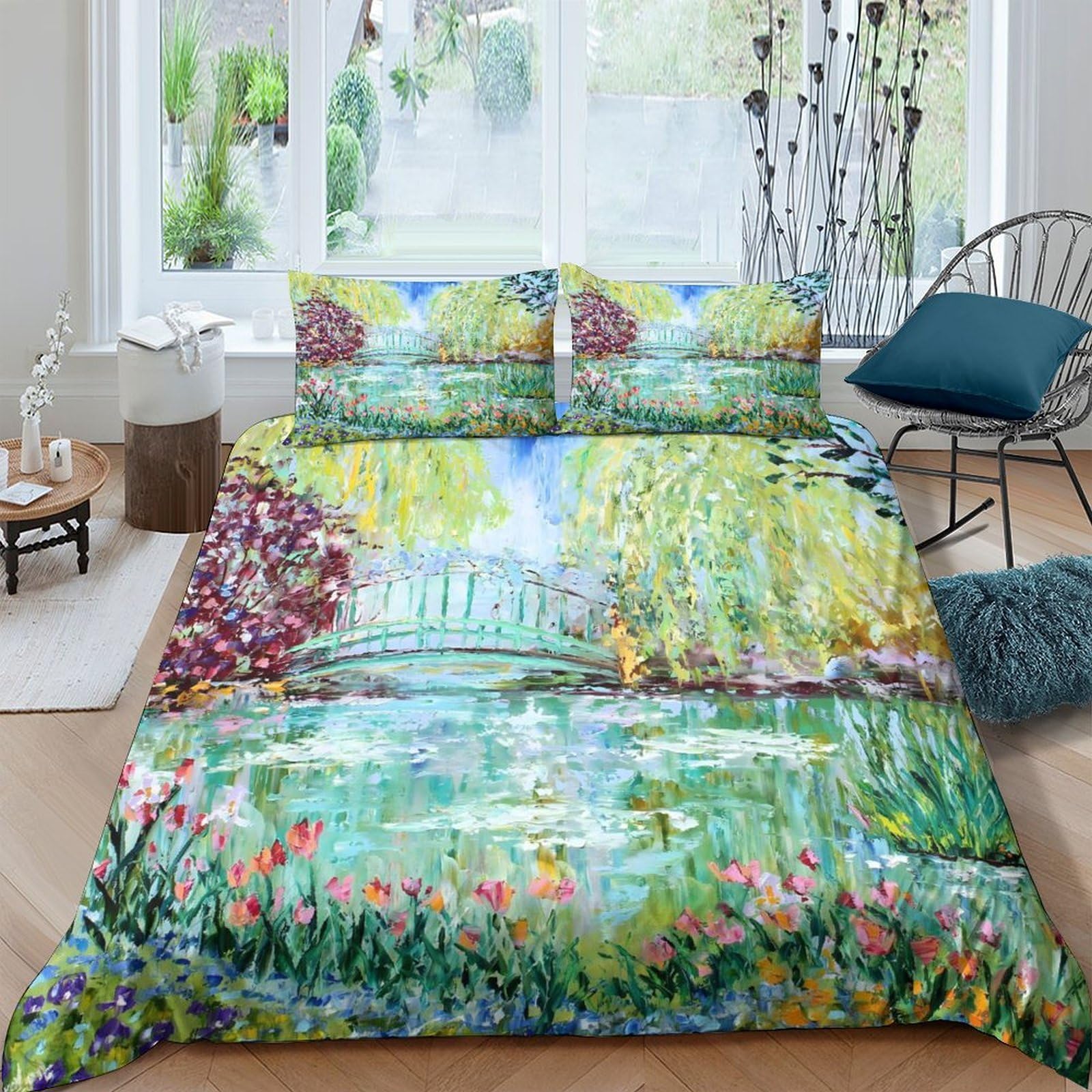 Ctjqhvkz Style-3 3D Printed Monet Garden Bridge Fitted Sheet Microfiber Soft Floral Landscape Mattress Cover For Bedroom Decor Single（135X200cm）