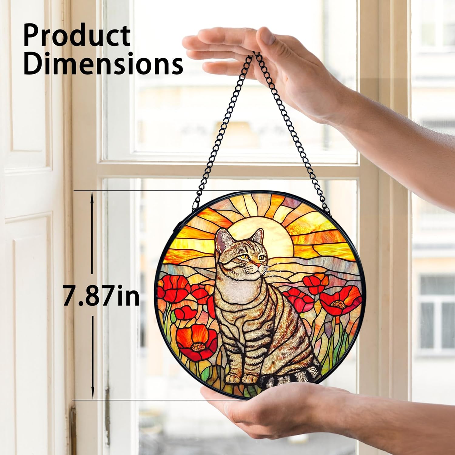 TNUW Cat Poppy Flower Stained Glass Window Hanging, Tabby Cat Gifts Sun Catchers Indoor Window Glass Round Wall Art Decor, Cottagecore Floral Kitten Wall Hanging Decorations, 7.9＂x7.9＂