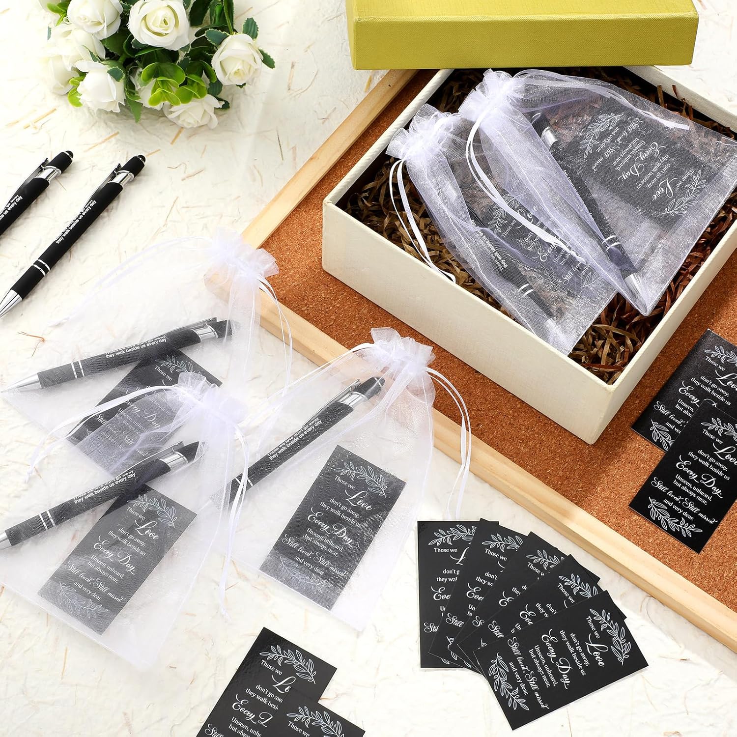 Yeaqee 150 Pcs/50set Funeral Favor for Guests Memorial Service Celebration of Life Favors Include Ballpoint Pens Poem Cards Organza Bags Sympathy Condolence Bereavement Gift(Black,Elegant)