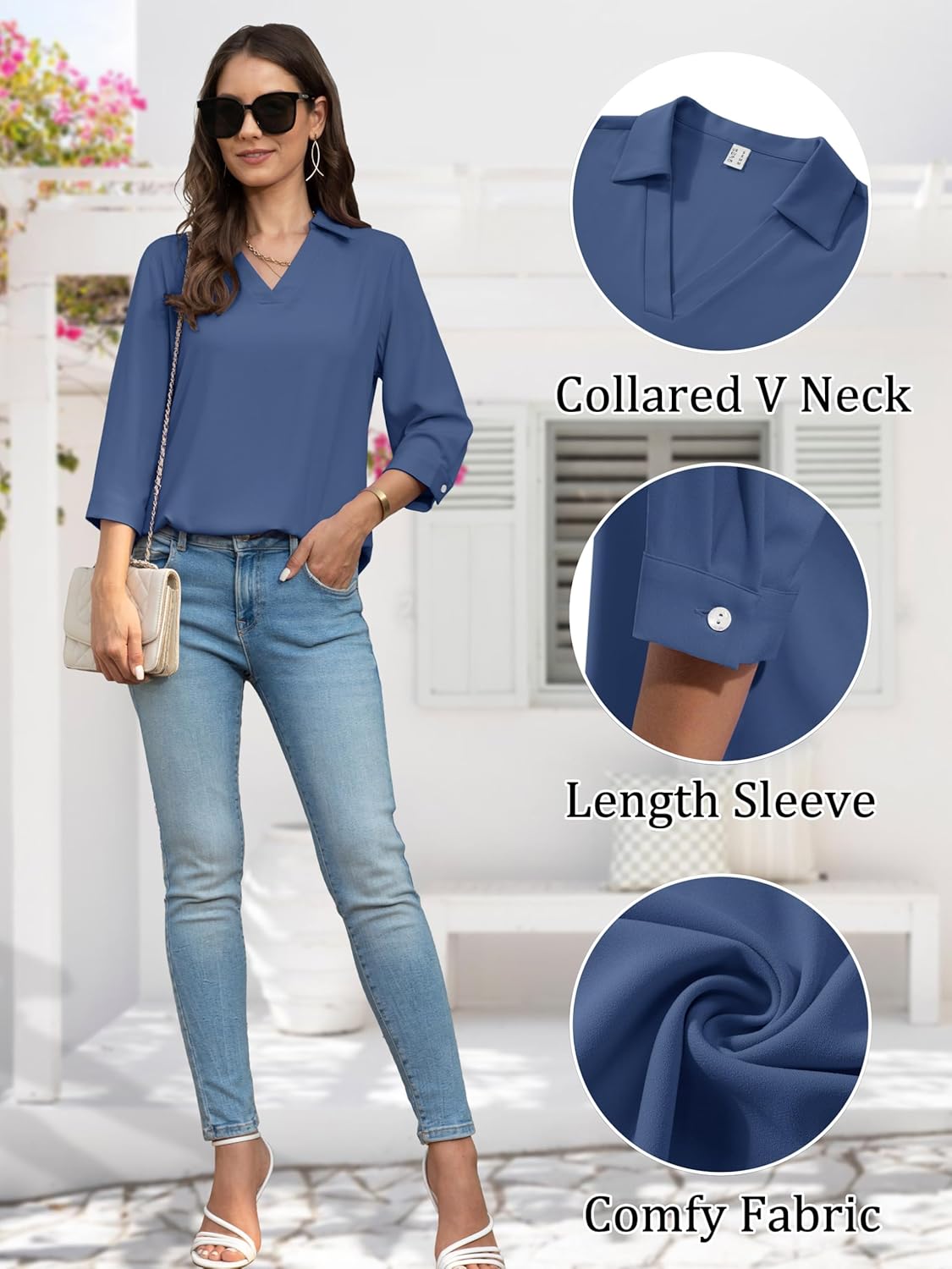 YUCOLEN 3/4 Sleeve Tunic Tops for Women V Neck Collared Shirts Chiffon Work Blouses Dressy Casual S-XXL - Image 6