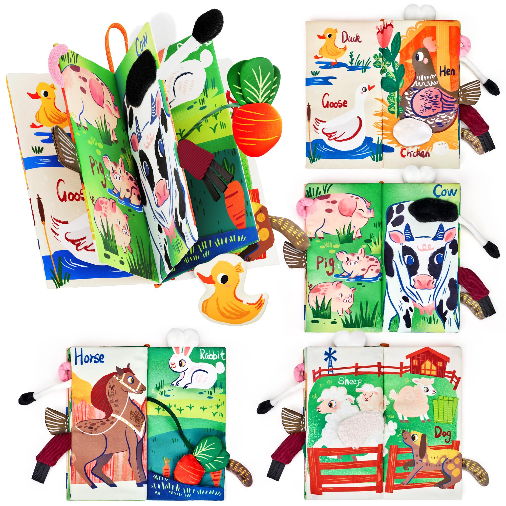 JoyCat Baby Books 0-6-12 Months - Farm Tail Tummy Time Toys - Sensory Touch & Feel Crinkle Cloth Book with Detachable Duck - Newborn Valentine Easter Basket Stuffers