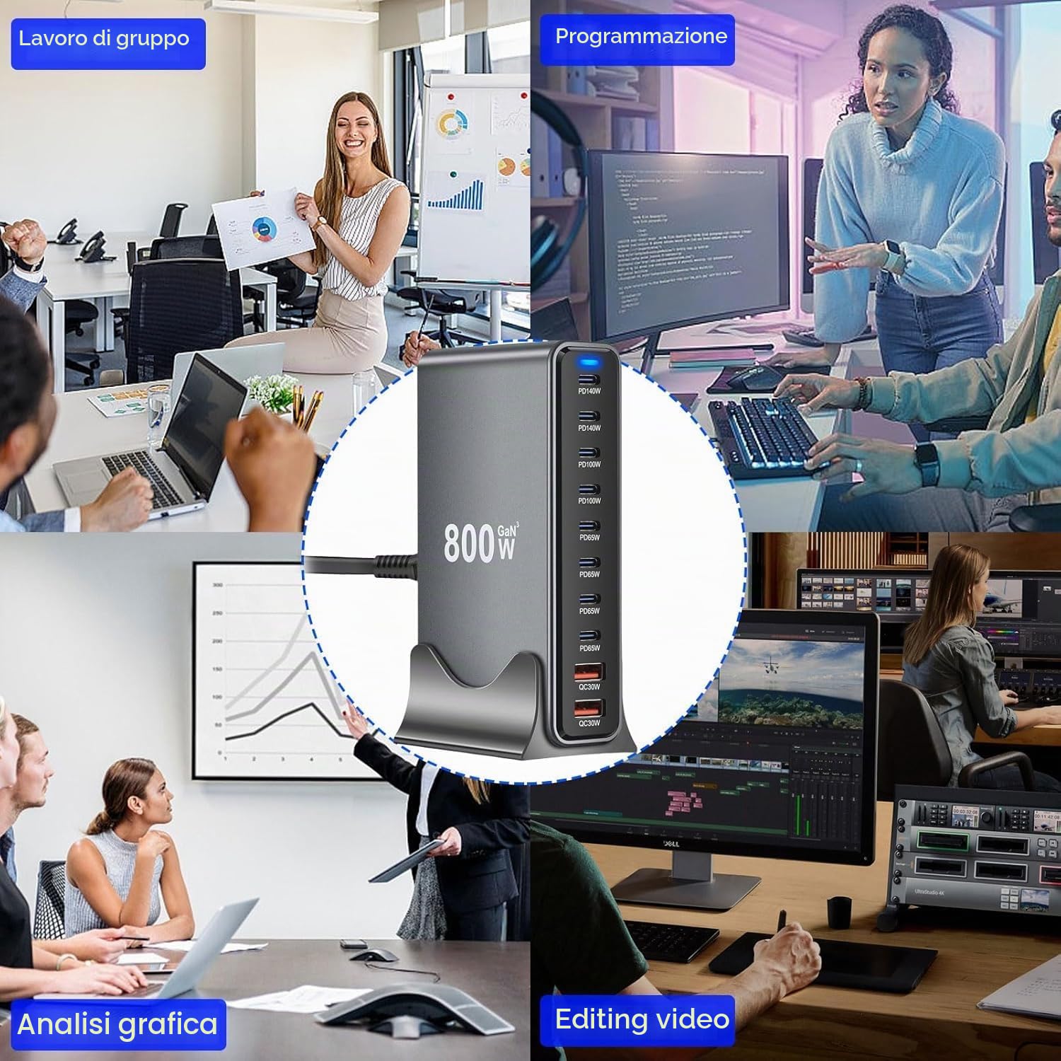 800W Caricatore USB Multiplo, 10 Porte (8 USB-C + 2 USB-A) con Ricarica Rapida, Con Cavo USB, Caricatore PD PPS 100W Alimentazione per MacBook, iPad Pro/Air etc