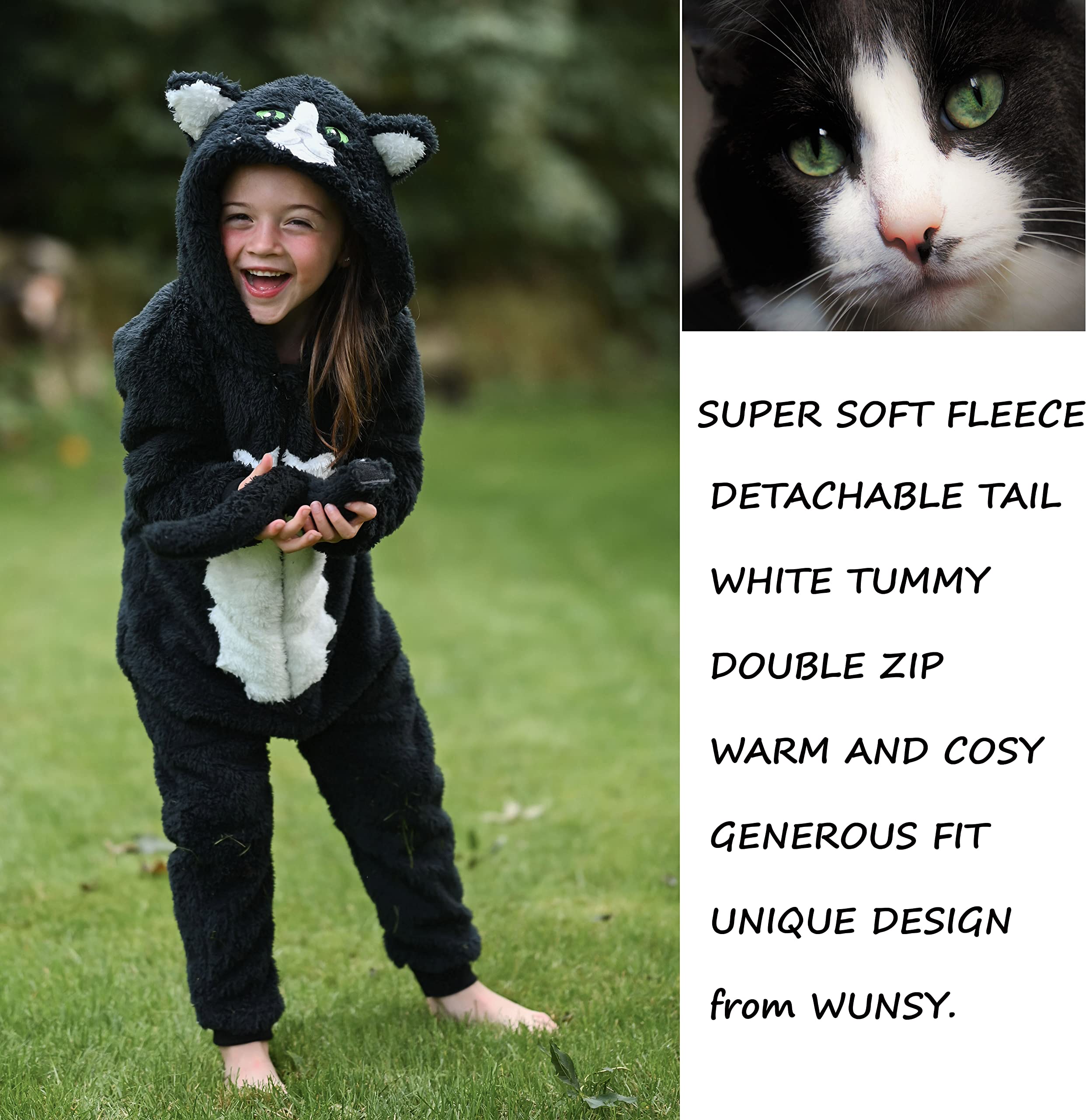 Mameluco para niños o niñas, forro polar súper suave, esponjoso, negro, blanco, gato gatito con cola, disfraces de animales AllinOnes en niños de 2 a 13 años