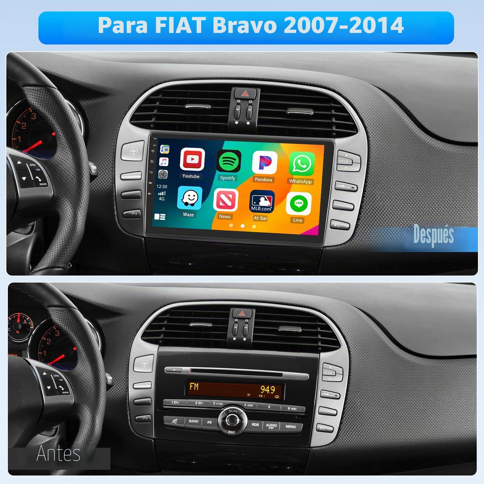Roinvou 4+64G Radio Coche para FIAT Bravo 2007-2014 Carplay Inalámbrico Android Auto, Android Pantalla Radio Coche 9 Pulgadas MirrorLink Bluetooth WiFi GPS 32EQ RDS/FM SWC Cámara
