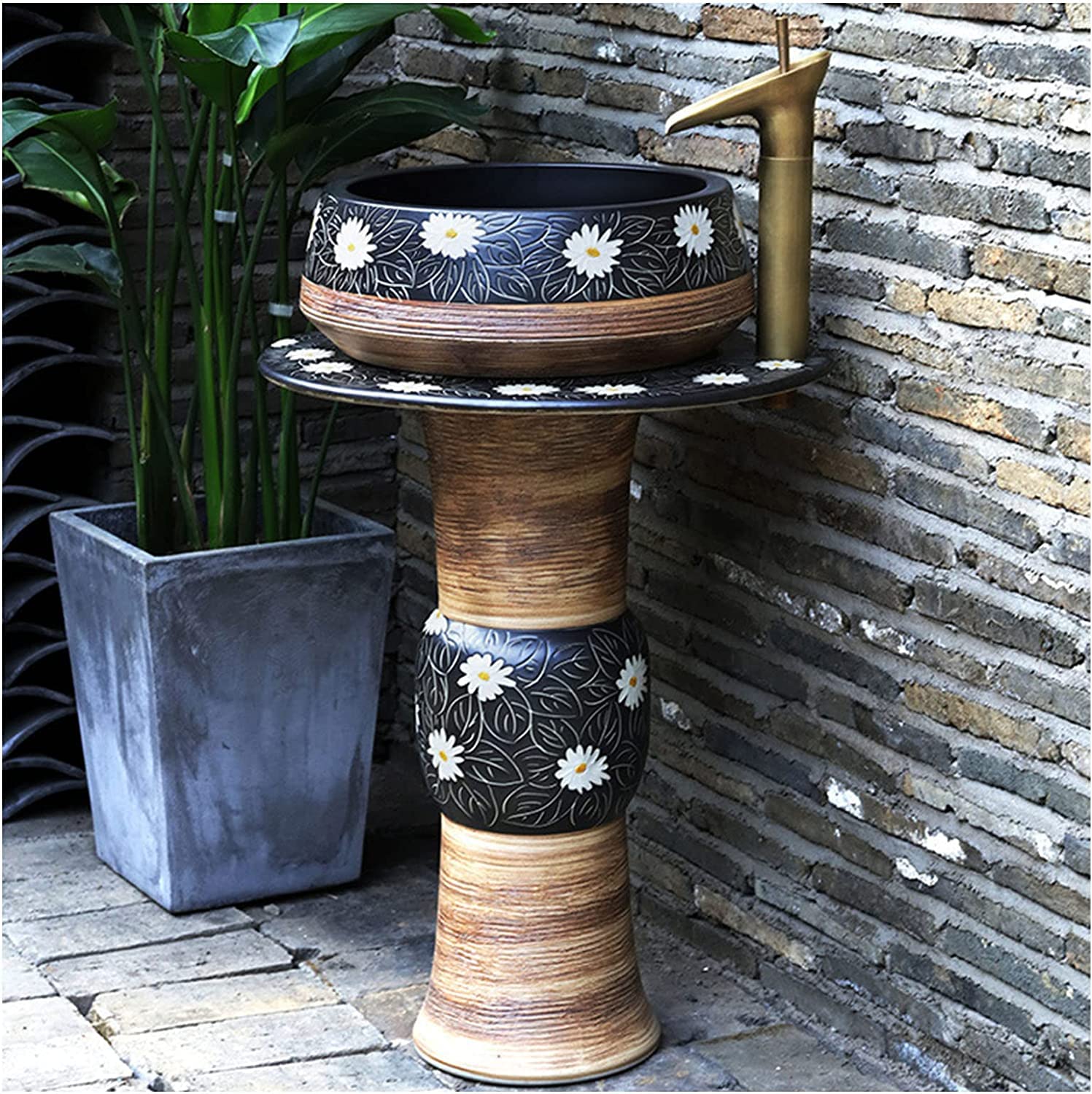 OLSKFUH Freestanding Pedestal Sink Floor Standing Art Sink Free Standing Vanity Basin, Kaolin Clay Pedestal Sink, Pedestal Bathroom Sink, Vessel Sink Combo Toilets Basins Handmad,Without Mirror