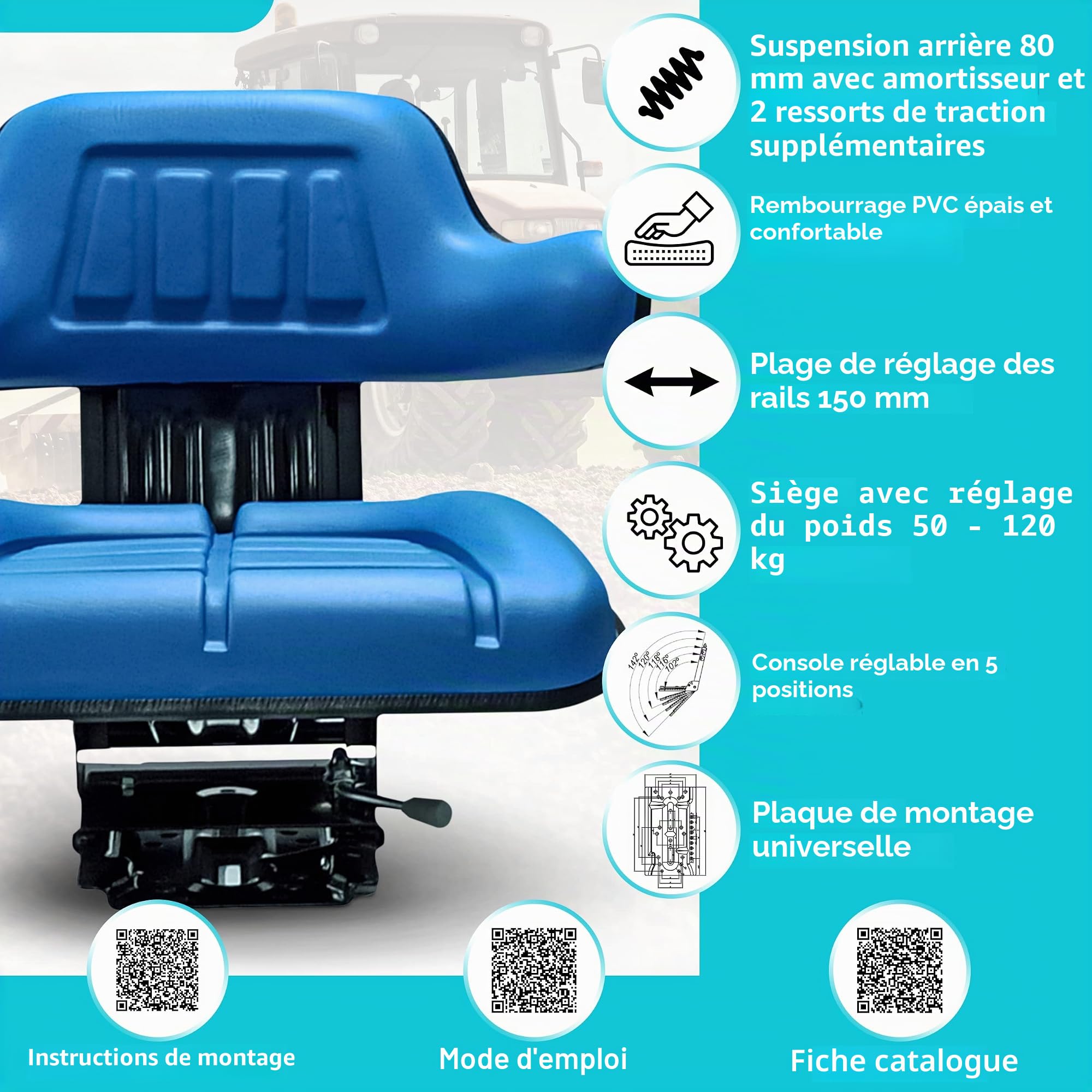 Siège tracteur New Holland Ford Siège Oldtimer Ford, PVC, Bleu