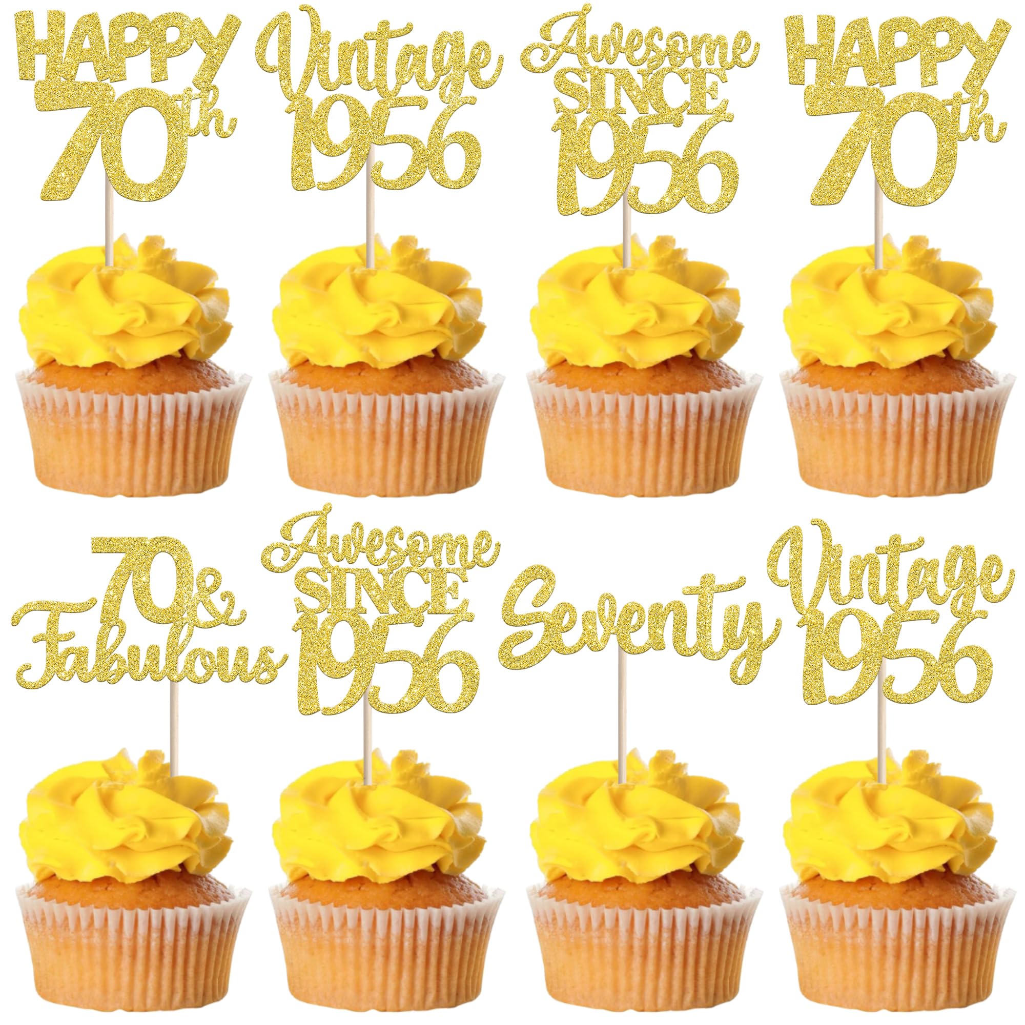 30PCS Vintage 1956 Cupcake Toppers Glitter Seventy Happy 70th Birthday 70 Fabulous Cupcake Picks Cheers to 70 Years for 70th Birthday Wedding