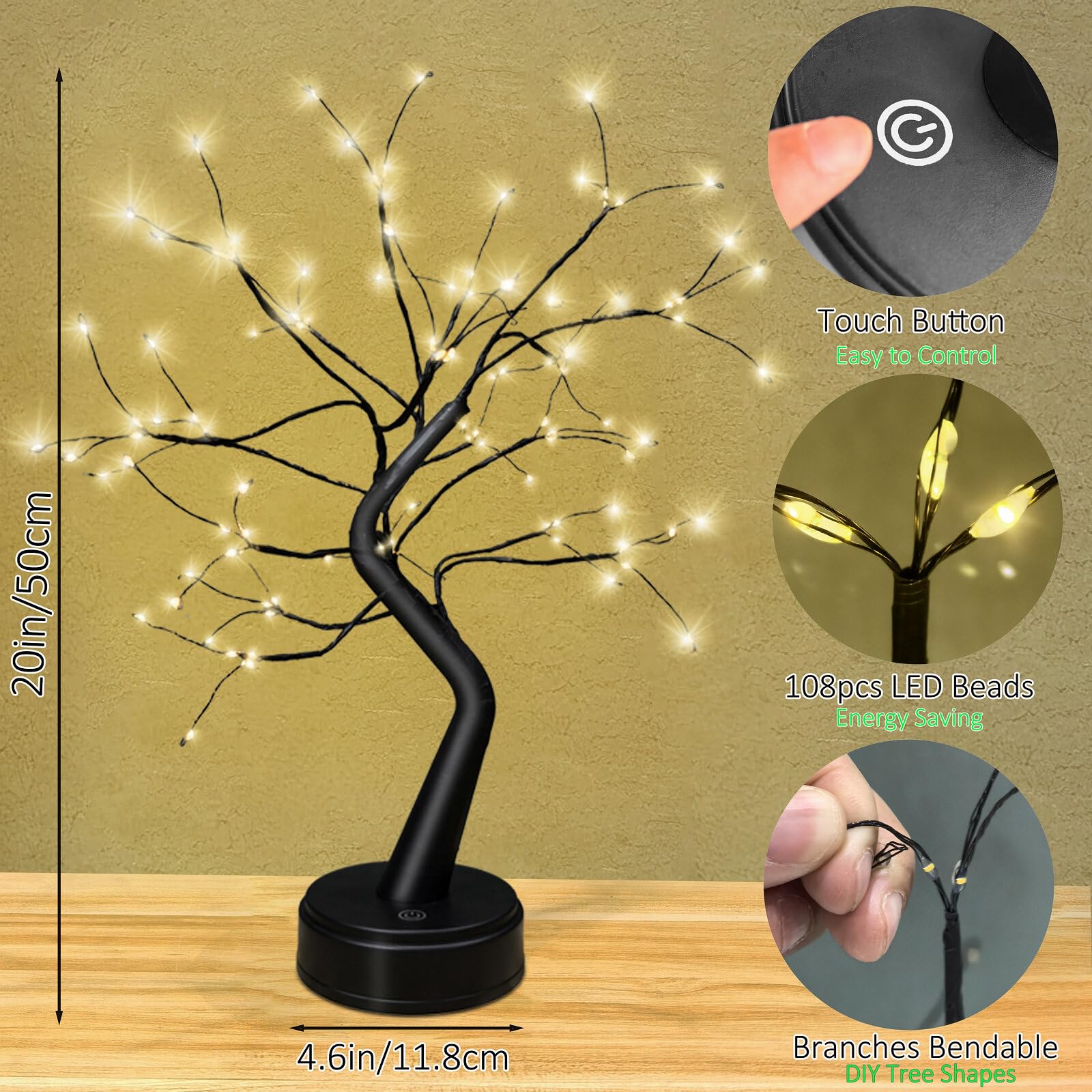 OTAVILEM Black Bonsai-Tree Desk Lamp Fake-Plants for Home-Decor